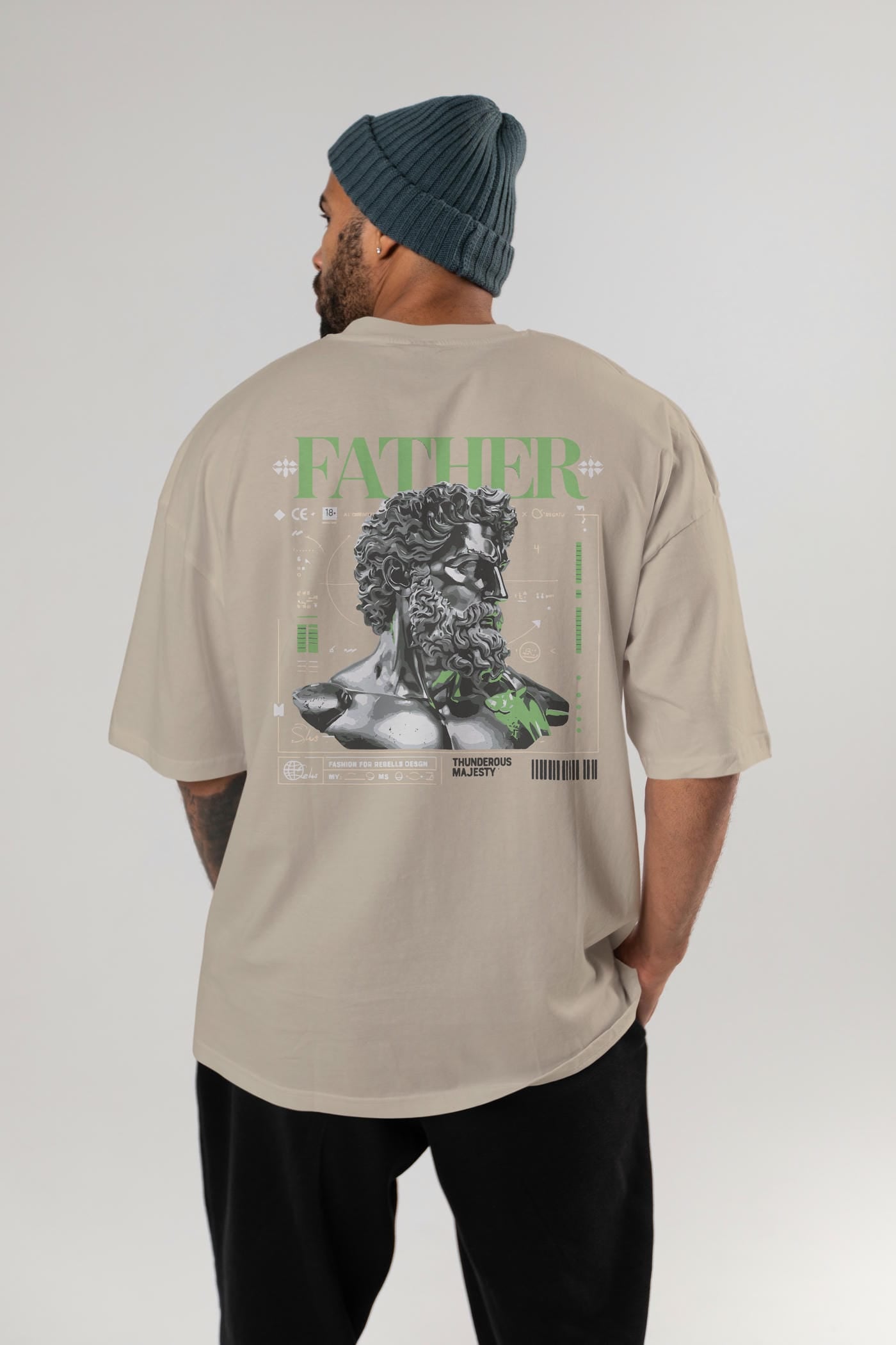 Father Zeus Arka Baskılı Oversize t-shirt Erkek Kadın %100 Pamuk Bisiklet Yaka tişort