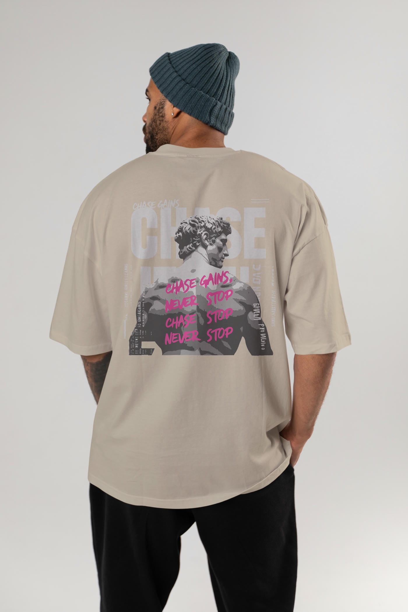 Chase Gains Arka Baskılı Oversize t-shirt Erkek Kadın %100 Pamuk Bisiklet Yaka tişort