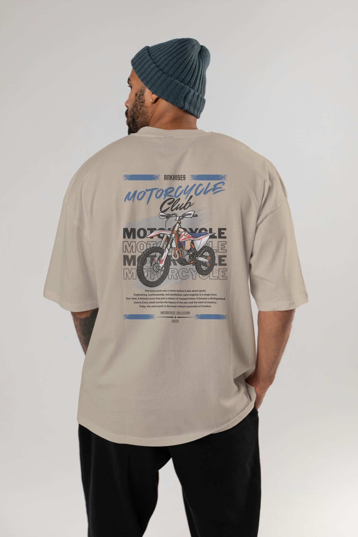Motosiklet Serisi 18 Arka Baskılı Oversize t-shirt Erkek Kadın %100 Pamuk Bisiklet Yaka tişort