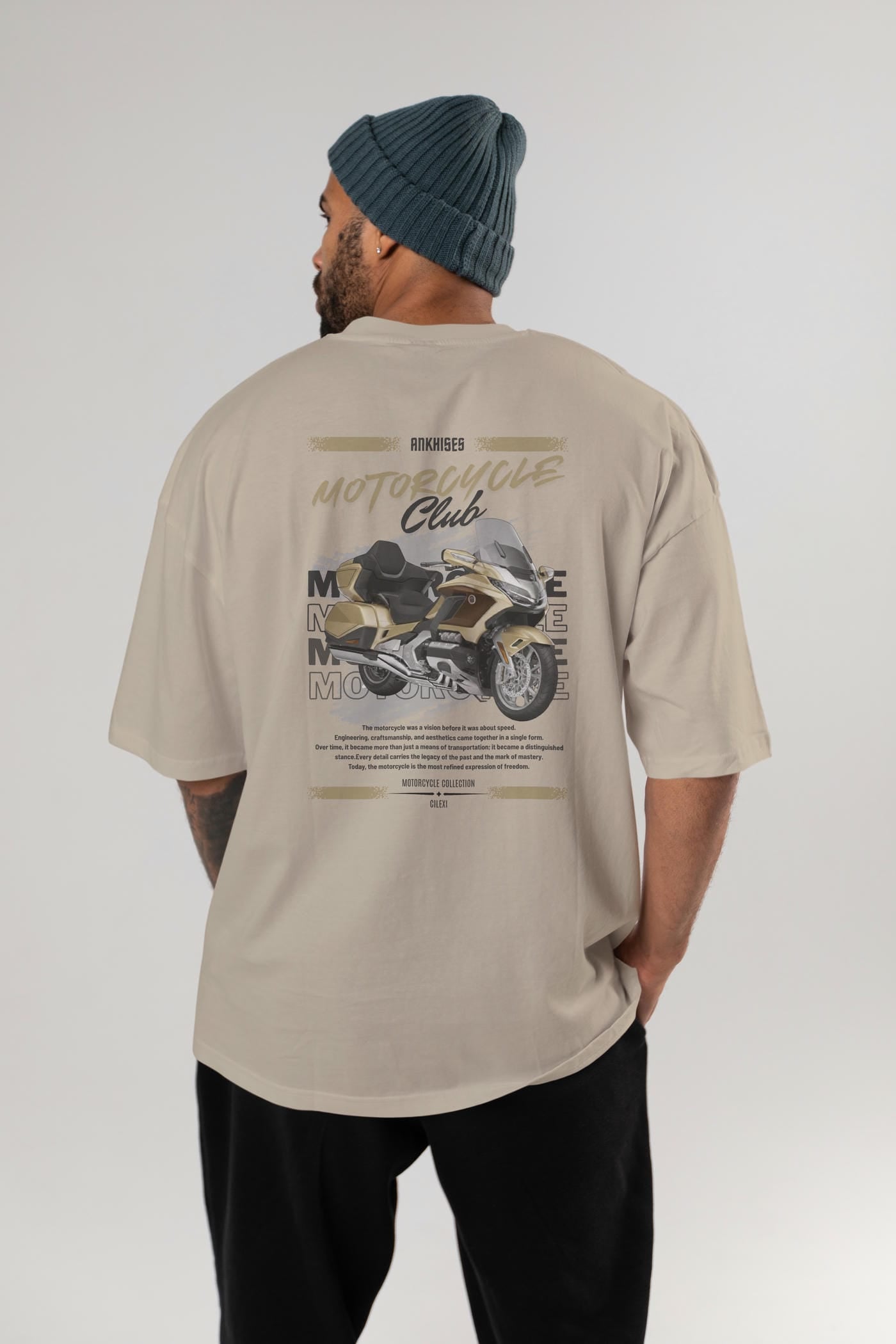 Motosiklet Serisi 28 Arka Baskılı Oversize t-shirt Erkek Kadın %100 Pamuk Bisiklet Yaka tişort