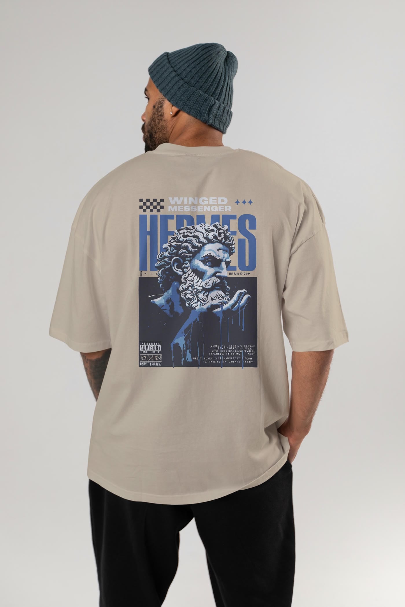 Hermes 2 Arka Baskılı Oversize t-shirt Erkek Kadın %100 Pamuk Bisiklet Yaka tişort