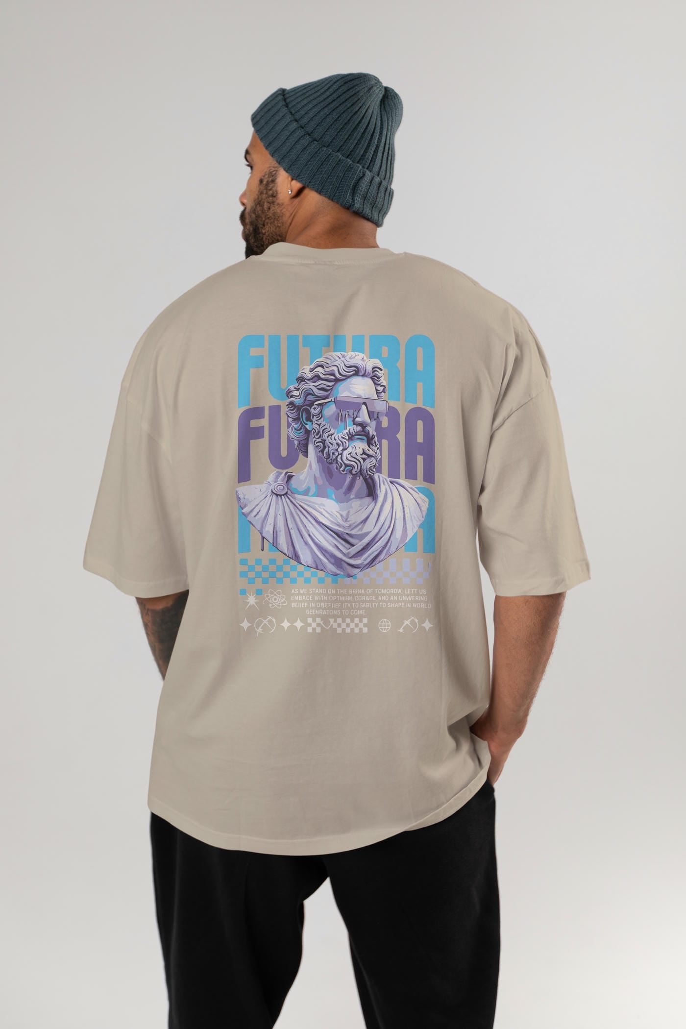 Futura Zeus Arka Baskılı Oversize t-shirt Erkek Kadın %100 Pamuk Bisiklet Yaka tişort