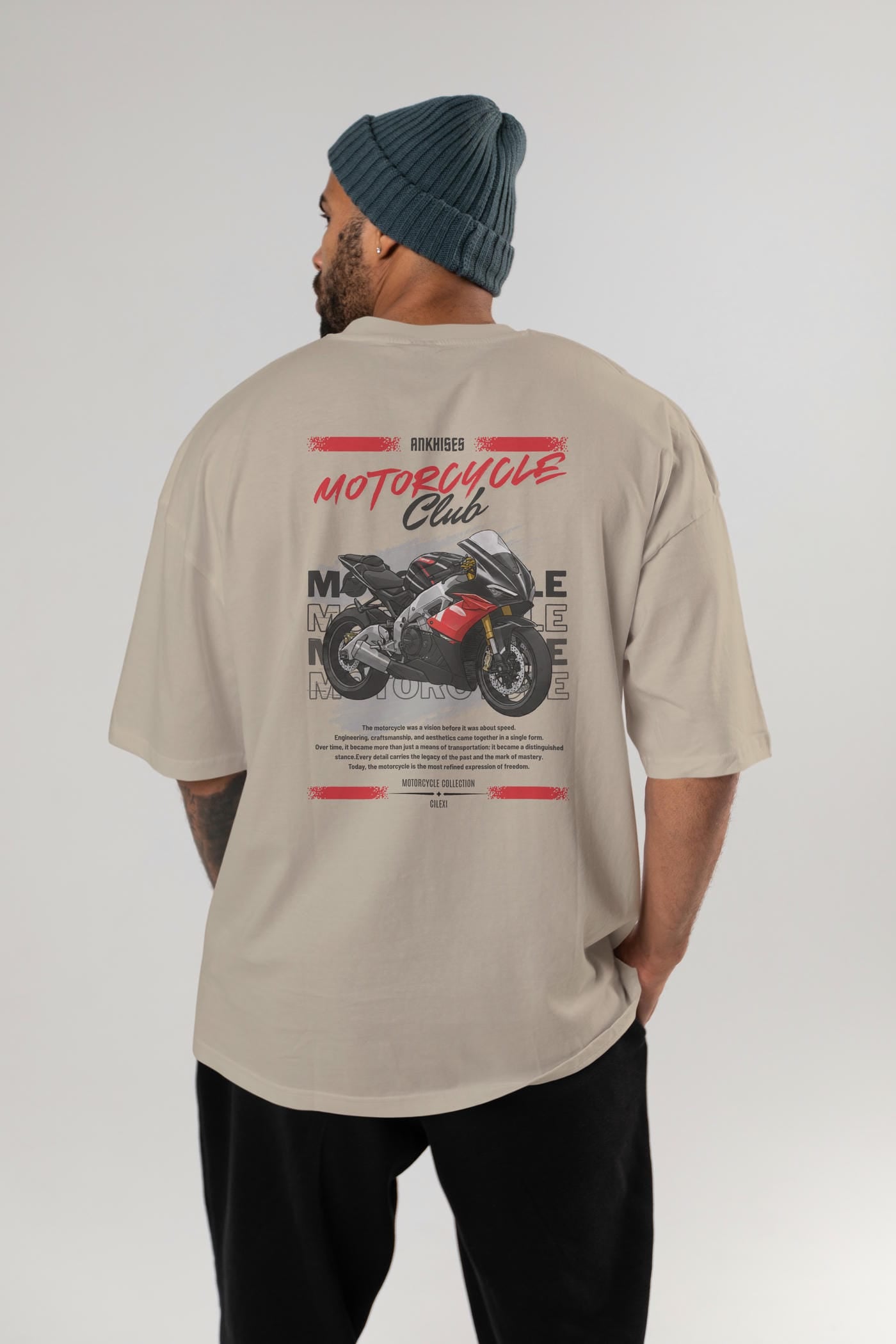Motosiklet Serisi 8 Arka Baskılı Oversize t-shirt Erkek Kadın %100 Pamuk Bisiklet Yaka tişort