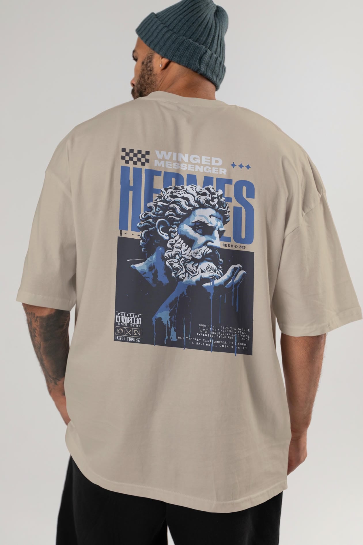 Hermes 2 Arka Baskılı Oversize t-shirt Erkek Kadın %100 Pamuk Bisiklet Yaka tişort