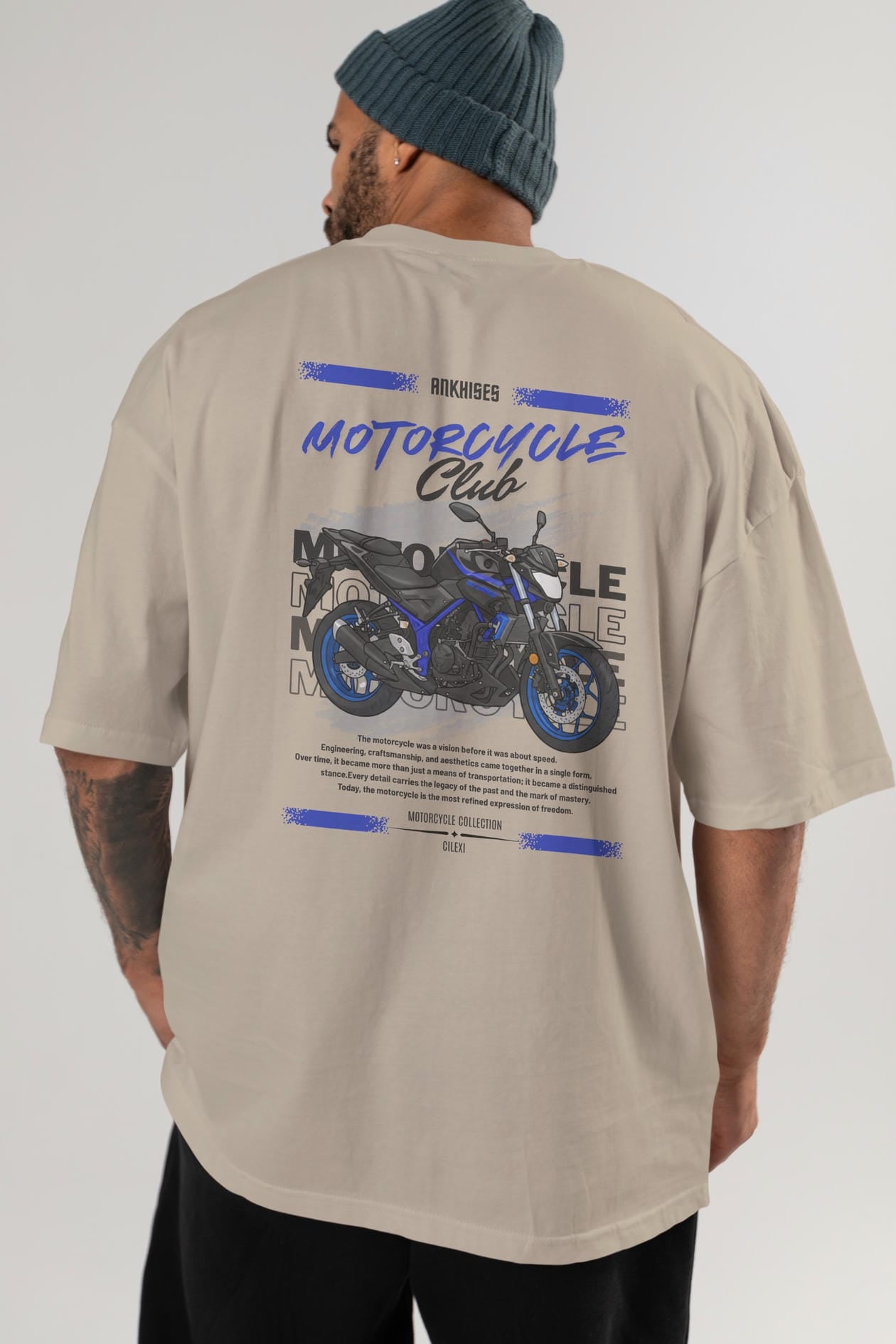 Motosiklet Serisi 22 Arka Baskılı Oversize t-shirt Erkek Kadın %100 Pamuk Bisiklet Yaka tişort