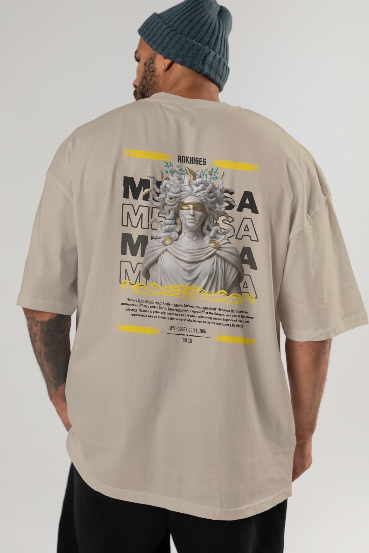 Medusa 2 Arka Baskılı Oversize t-shirt Erkek Kadın %100 Pamuk Bisiklet Yaka tişort