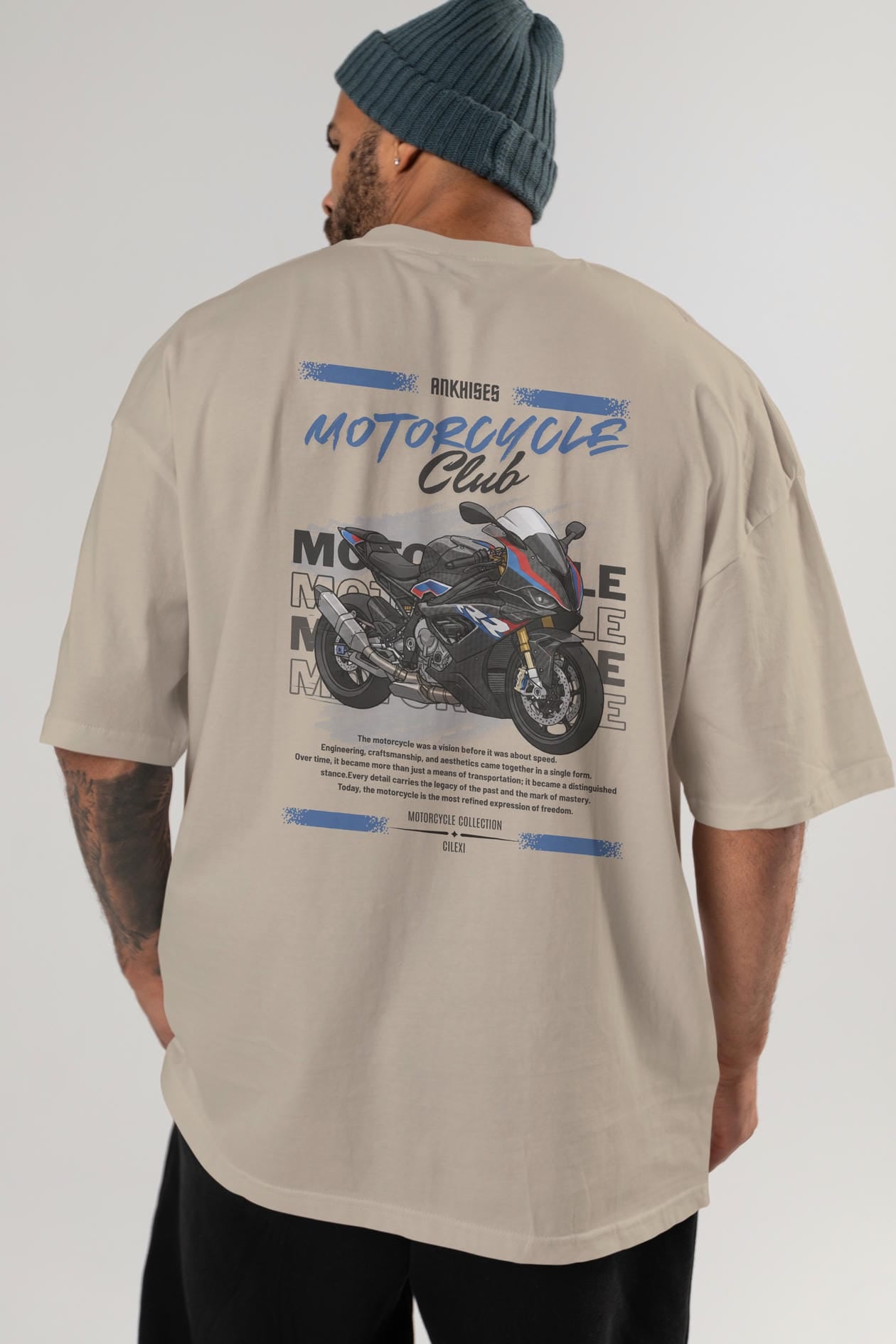 Motosiklet Serisi 2 Arka Baskılı Oversize t-shirt Erkek Kadın %100 Pamuk Bisiklet Yaka tişort