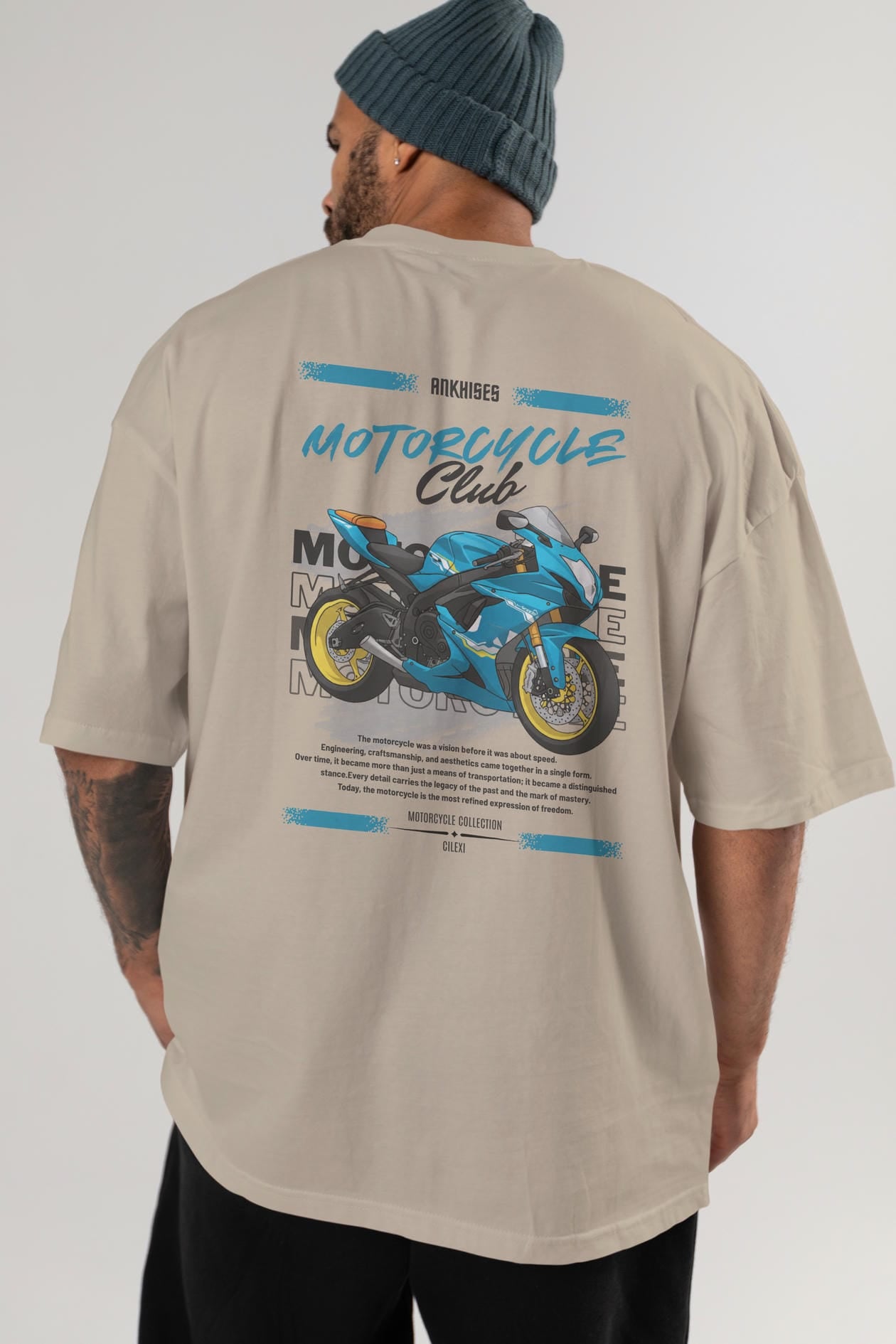Motosiklet Serisi 11 Arka Baskılı Oversize t-shirt Erkek Kadın %100 Pamuk Bisiklet Yaka tişort