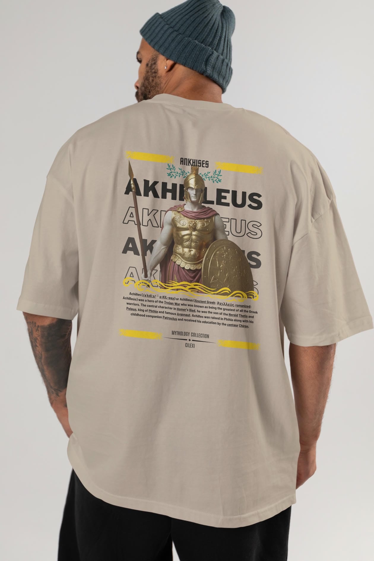 Akhilleus 1 Arka Baskılı Oversize t-shirt Erkek Kadın %100 Pamuk Bisiklet Yaka tişort