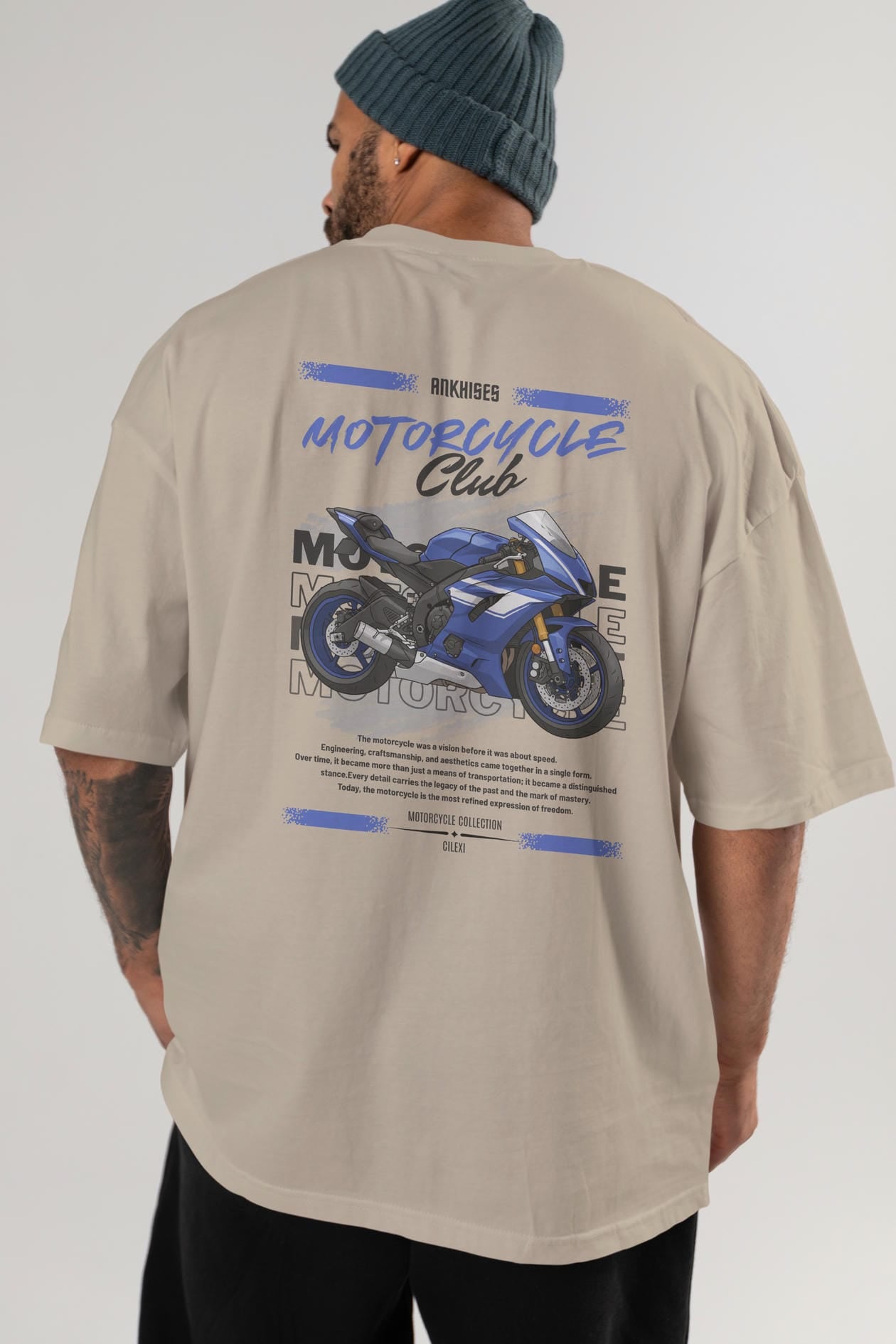 Motosiklet Serisi 32 Arka Baskılı Oversize t-shirt Erkek Kadın %100 Pamuk Bisiklet Yaka tişort