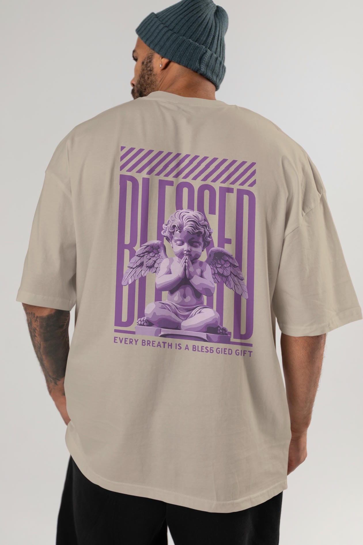 Blessed Arka Baskılı Oversize t-shirt Erkek Kadın %100 Pamuk Bisiklet Yaka tişort