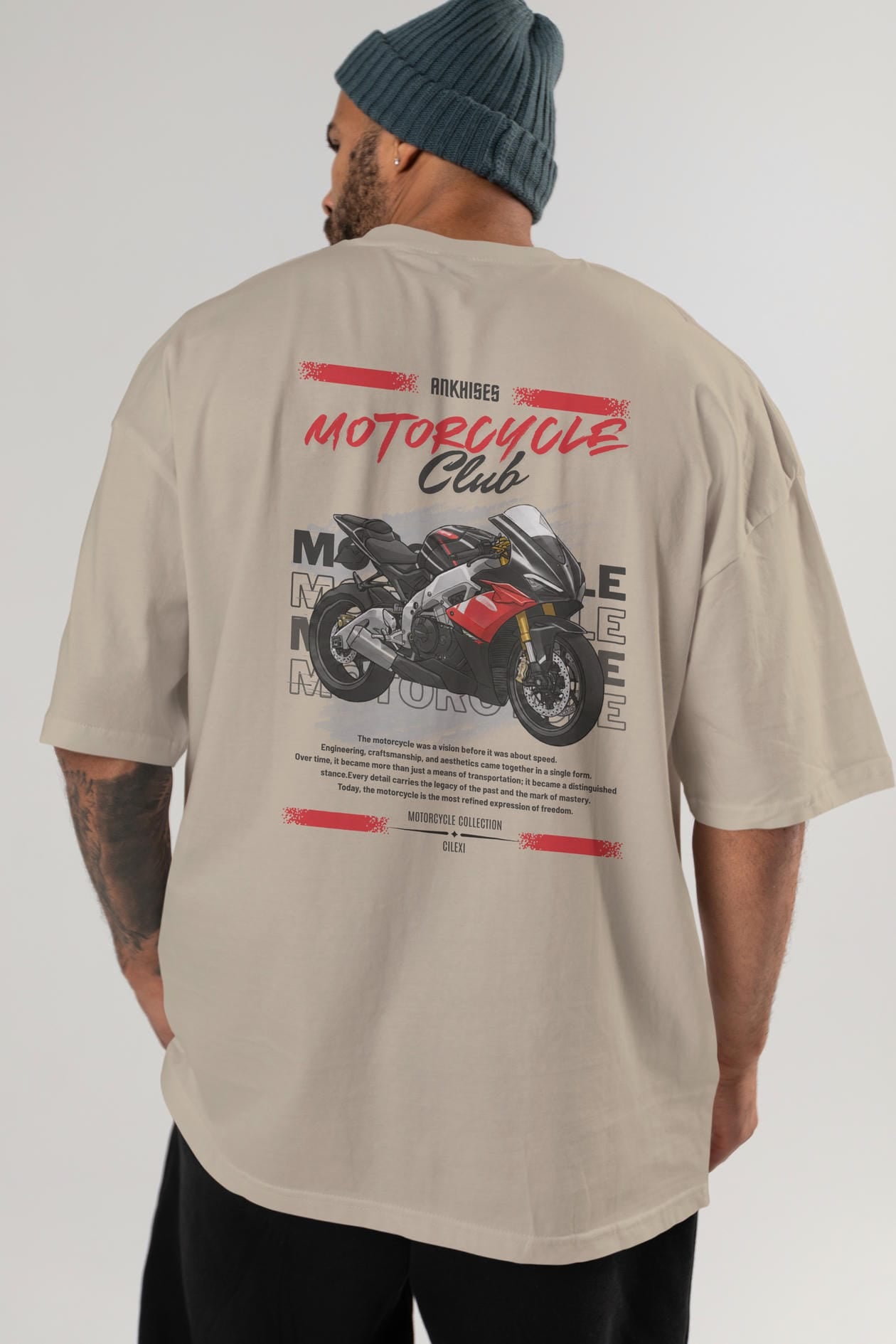 Motosiklet Serisi 8 Arka Baskılı Oversize t-shirt Erkek Kadın %100 Pamuk Bisiklet Yaka tişort