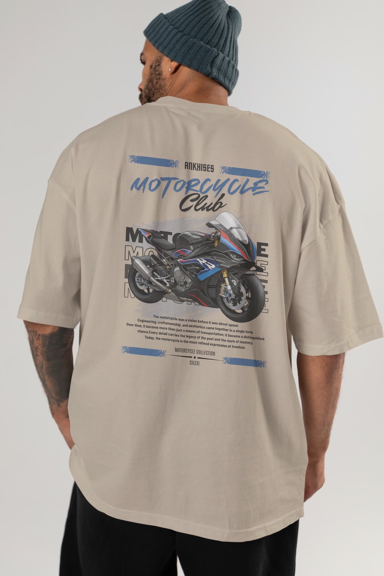 Motosiklet Serisi 1 Arka Baskılı Oversize t-shirt Erkek Kadın %100 Pamuk Bisiklet Yaka tişort