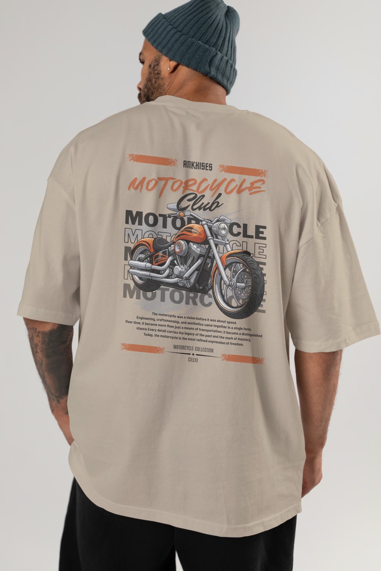 Motosiklet Serisi 34 Arka Baskılı Oversize t-shirt Erkek Kadın %100 Pamuk Bisiklet Yaka tişort