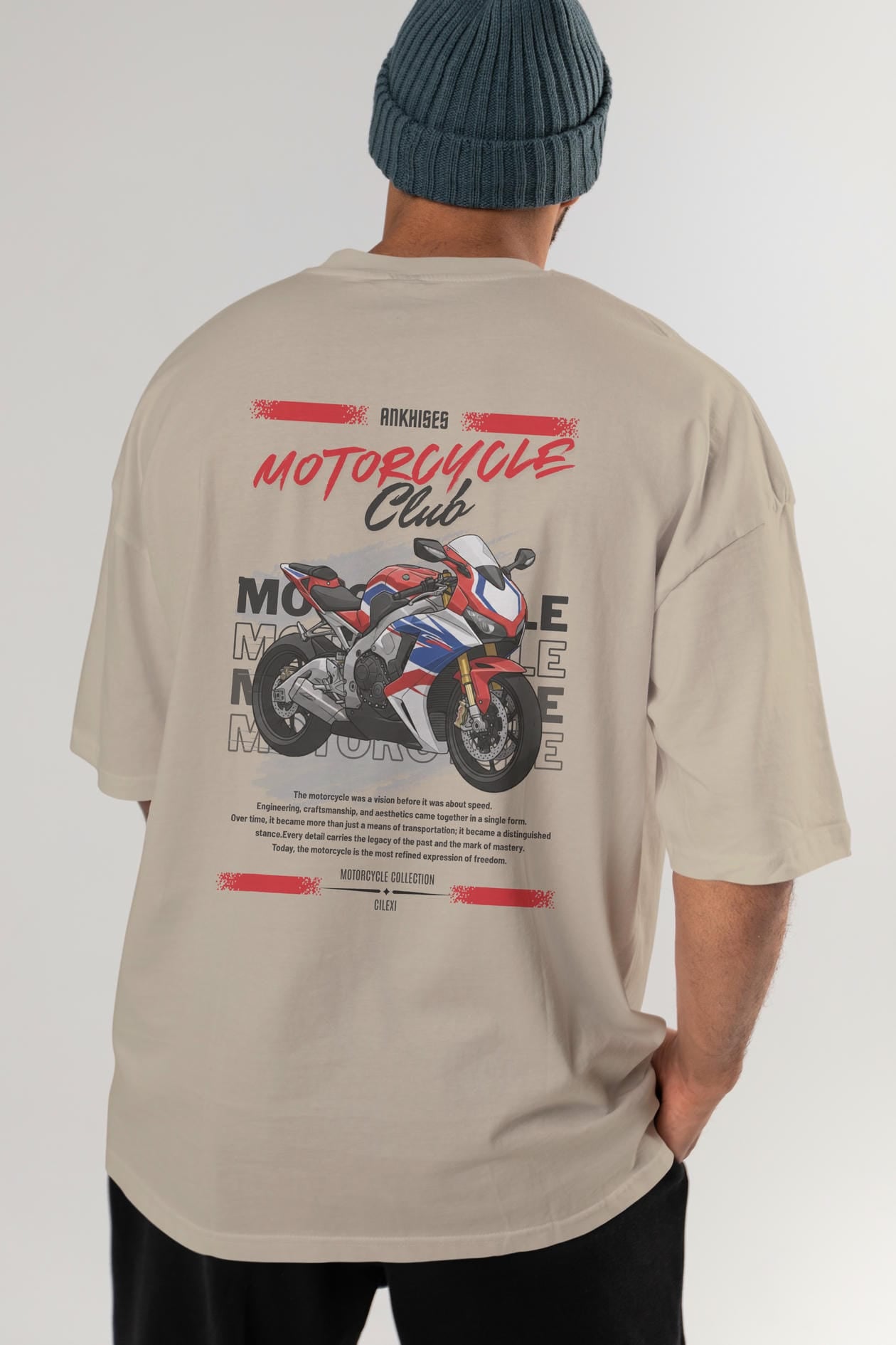 Motosiklet Serisi 4 Arka Baskılı Oversize t-shirt Erkek Kadın %100 Pamuk Bisiklet Yaka tişort