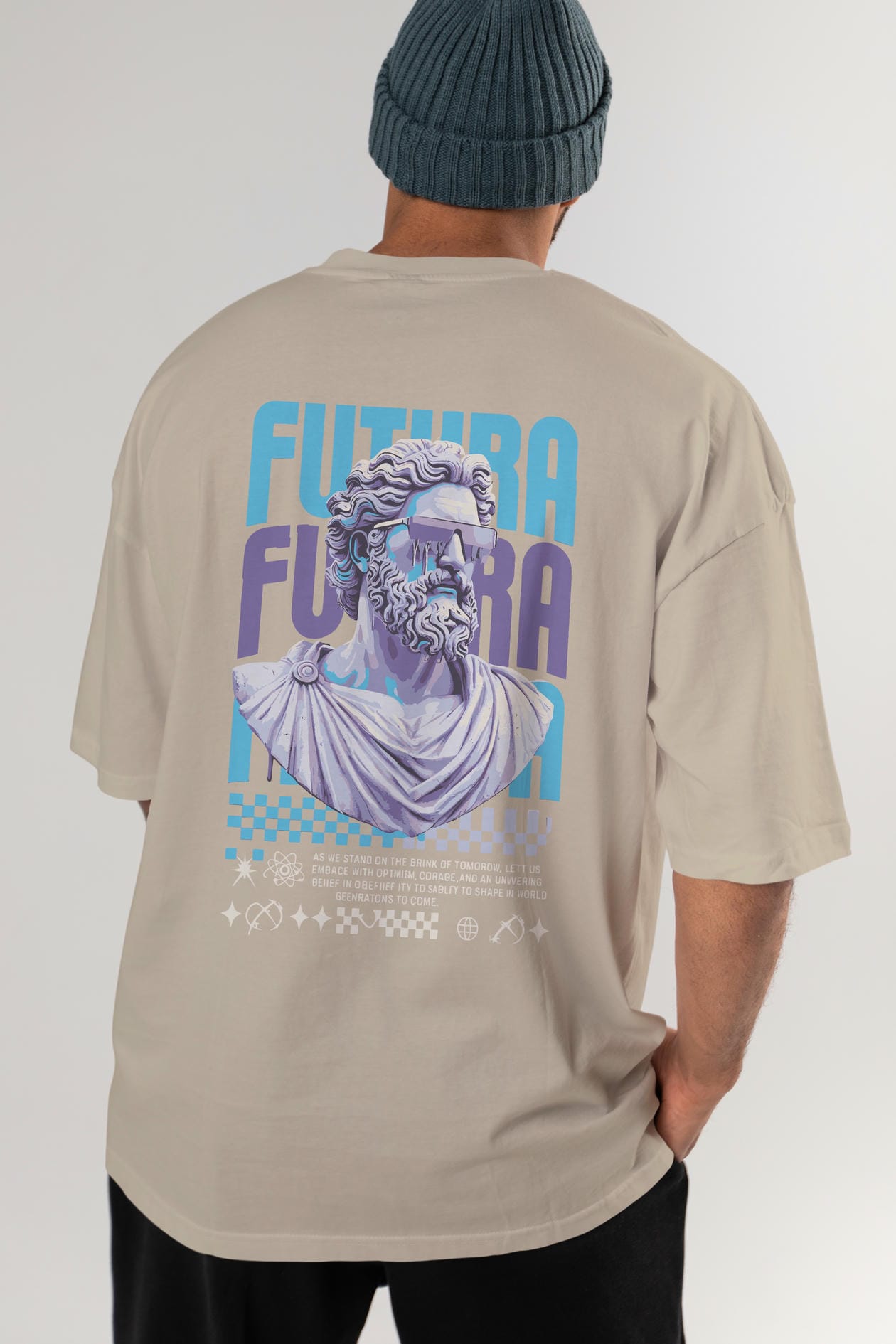 Futura Zeus Arka Baskılı Oversize t-shirt Erkek Kadın %100 Pamuk Bisiklet Yaka tişort