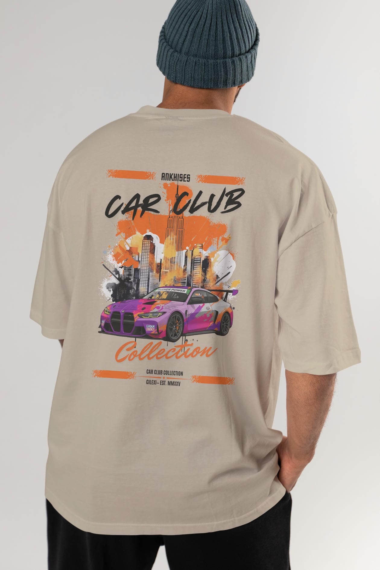 Araba Club Serisi 4 Baskılı Oversize t-shirt Erkek Kadın %100 Pamuk Bisiklet Yaka tişort