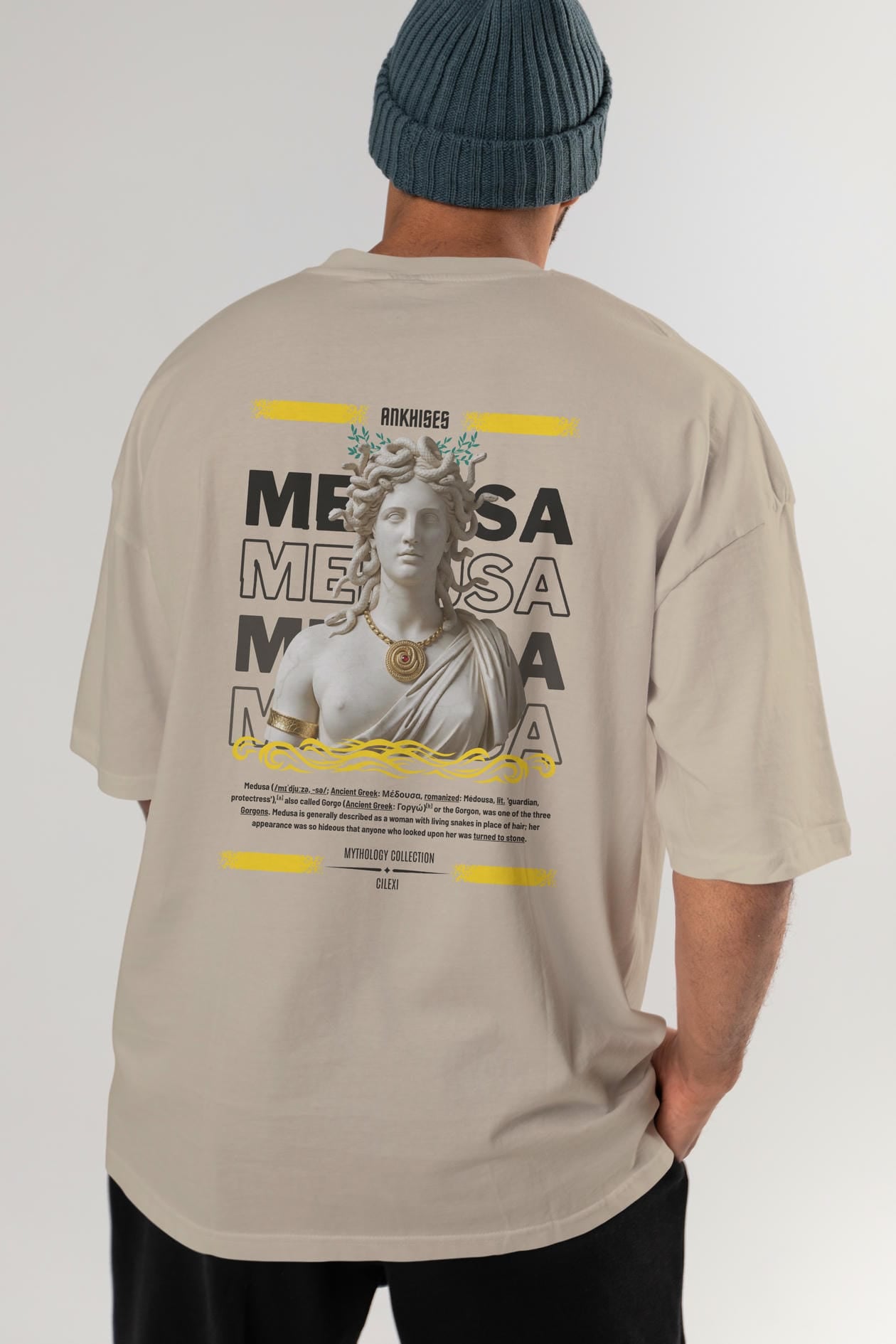Medusa 3 Arka Baskılı Oversize t-shirt Erkek Kadın %100 Pamuk Bisiklet Yaka tişort