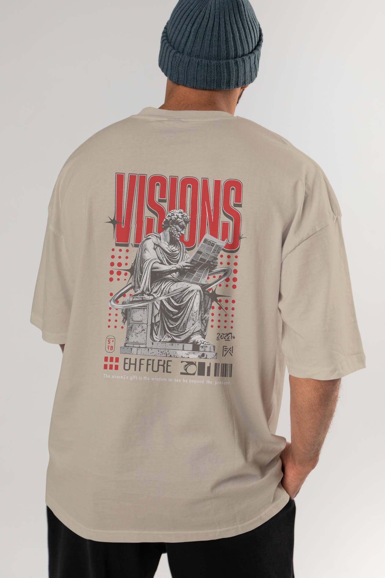 Visions Arka Baskılı Oversize t-shirt Erkek Kadın %100 Pamuk Bisiklet Yaka tişort