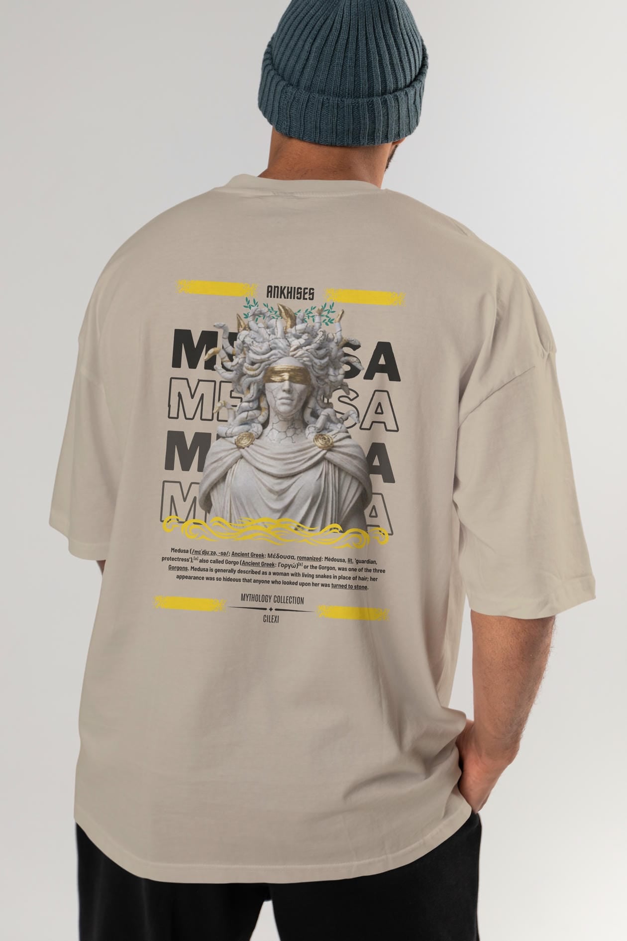 Medusa 2 Arka Baskılı Oversize t-shirt Erkek Kadın %100 Pamuk Bisiklet Yaka tişort