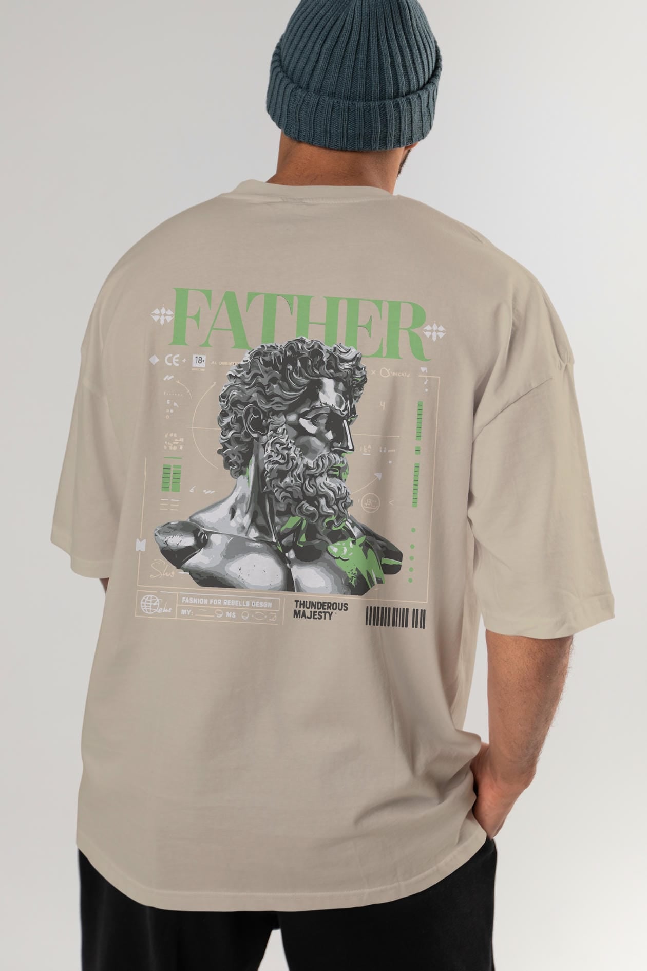 Father Zeus Arka Baskılı Oversize t-shirt Erkek Kadın %100 Pamuk Bisiklet Yaka tişort