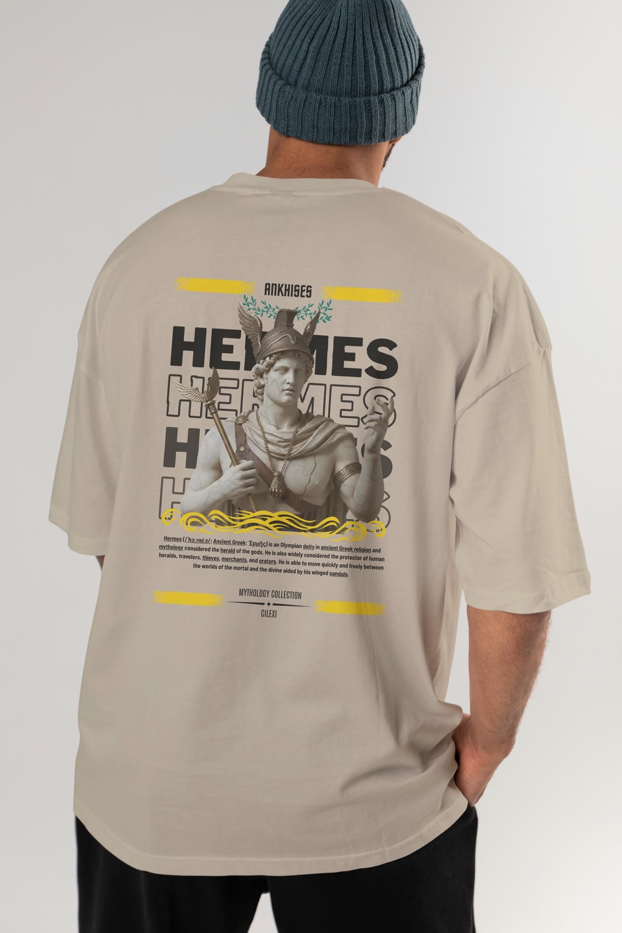 Hermes 1 Arka Baskılı Oversize t-shirt Erkek Kadın %100 Pamuk Bisiklet Yaka tişort