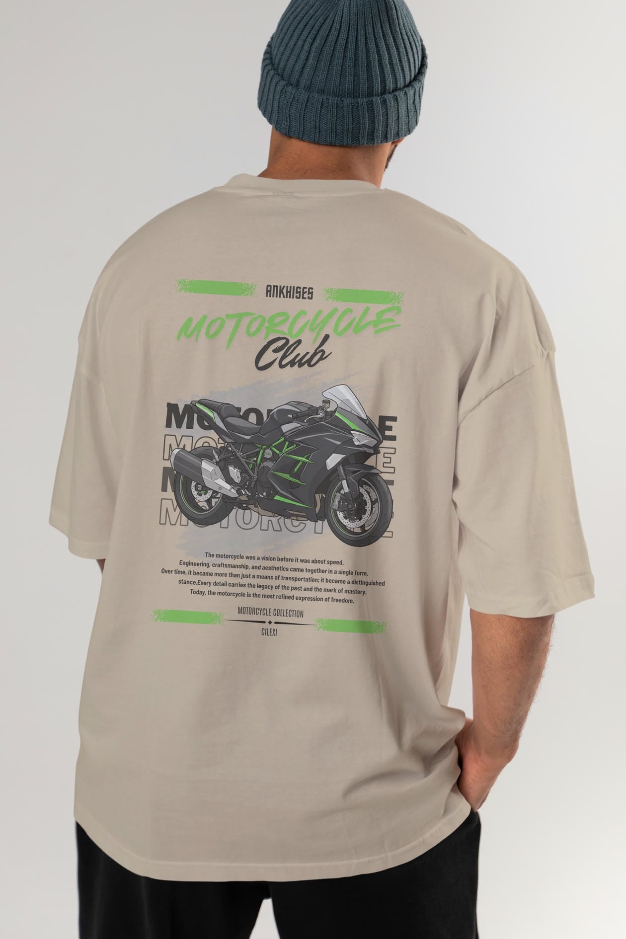 Motosiklet Serisi 13 Arka Baskılı Oversize t-shirt Erkek Kadın %100 Pamuk Bisiklet Yaka tişort