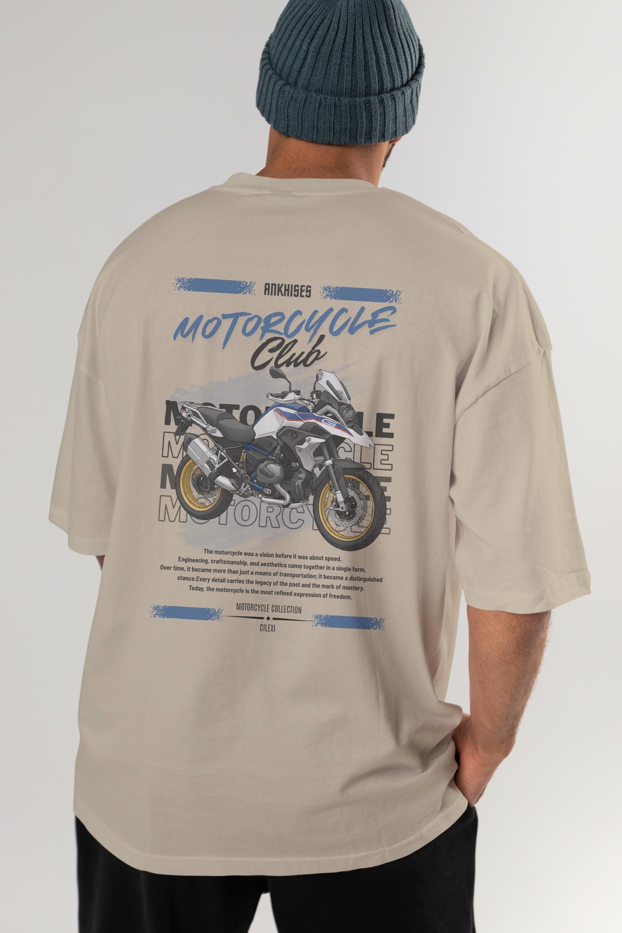 Motosiklet Serisi 27 Arka Baskılı Oversize t-shirt Erkek Kadın %100 Pamuk Bisiklet Yaka tişort