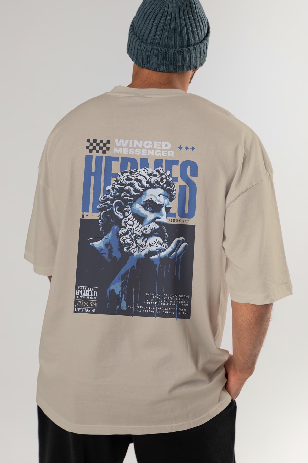 Hermes 2 Arka Baskılı Oversize t-shirt Erkek Kadın %100 Pamuk Bisiklet Yaka tişort