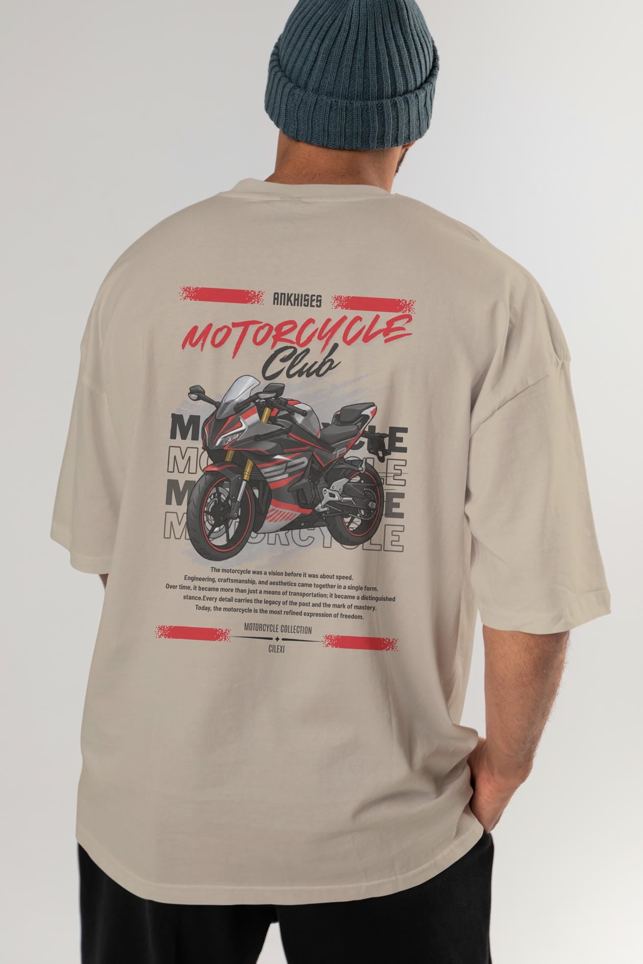 Motosiklet Serisi 17 Arka Baskılı Oversize t-shirt Erkek Kadın %100 Pamuk Bisiklet Yaka tişort