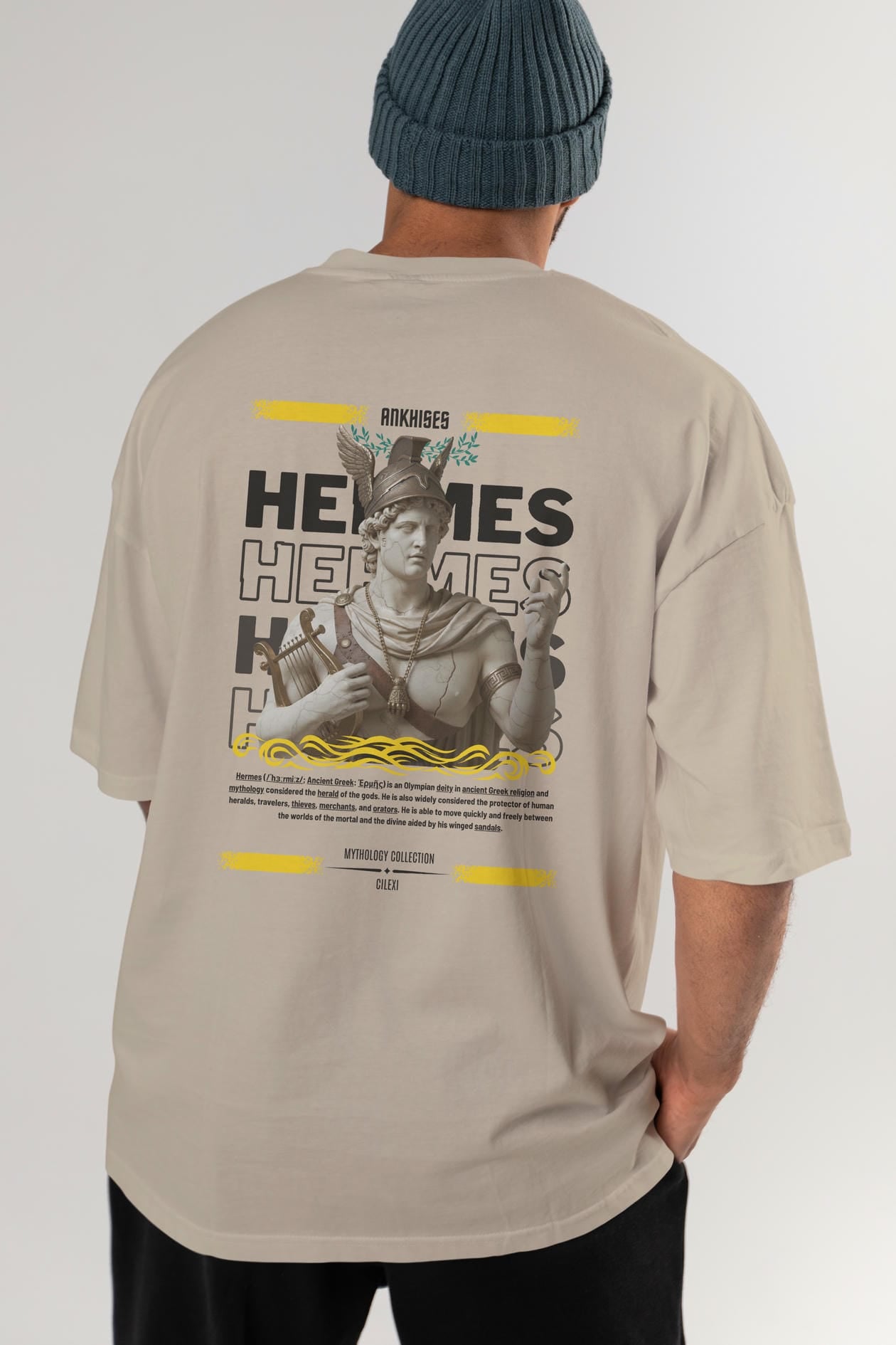 Hermes 2 Arka Baskılı Oversize t-shirt Erkek Kadın %100 Pamuk Bisiklet Yaka tişort