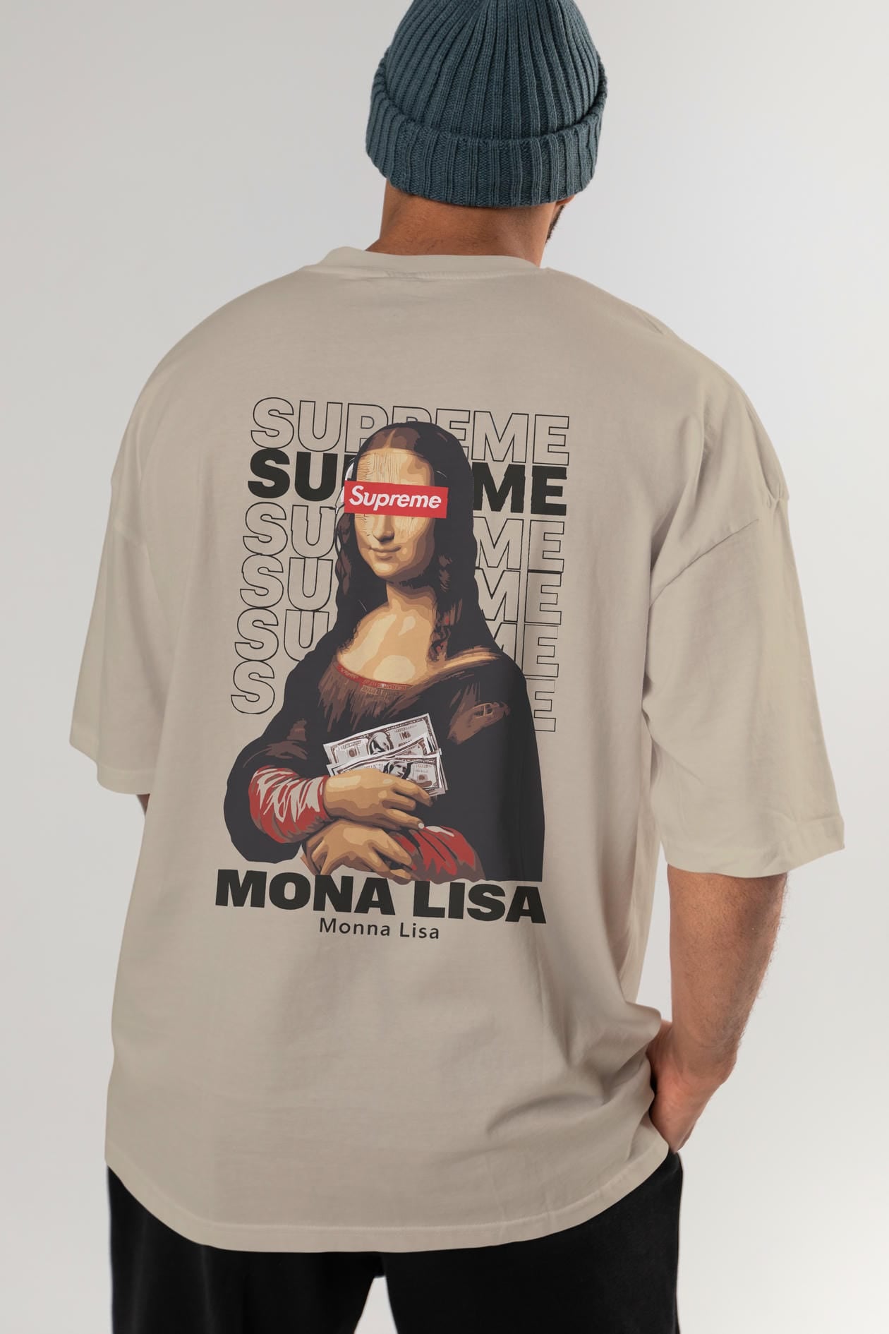 Mona Lisa Supreme Arka Baskılı Oversize t-shirt Erkek Kadın %100 Pamuk Bisiklet Yaka tişort
