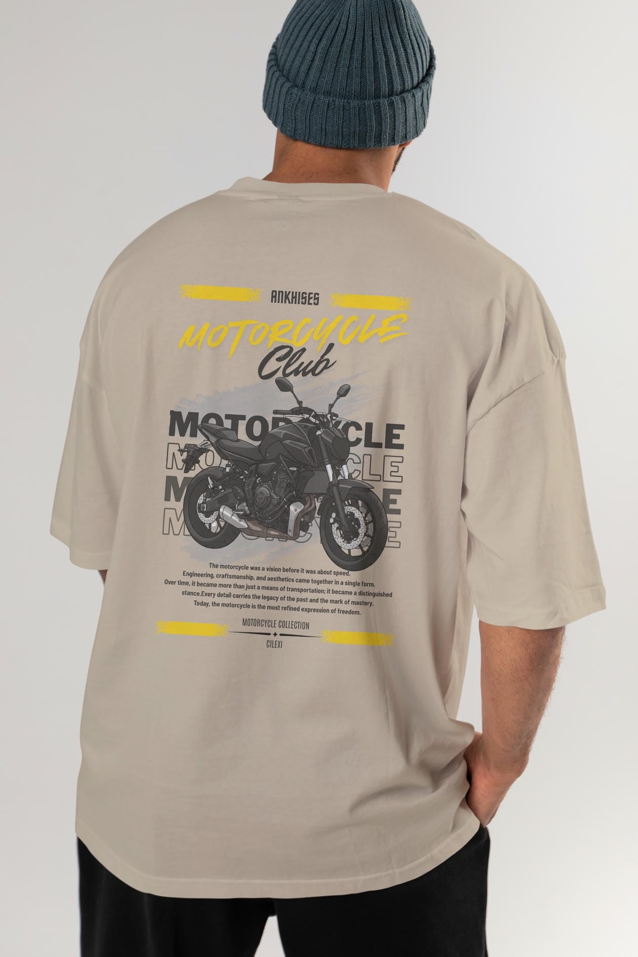 Motosiklet Serisi 20 Arka Baskılı Oversize t-shirt Erkek Kadın %100 Pamuk Bisiklet Yaka tişort