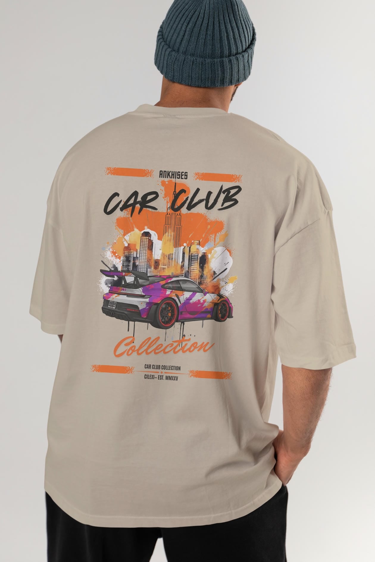 Araba Club Serisi 34 Baskılı Oversize t-shirt Erkek Kadın %100 Pamuk Bisiklet Yaka tişort