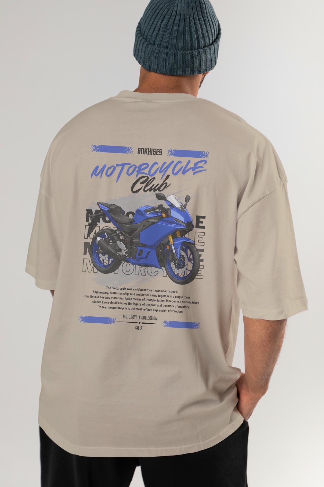 Motosiklet Serisi 33 Arka Baskılı Oversize t-shirt Erkek Kadın %100 Pamuk Bisiklet Yaka tişort