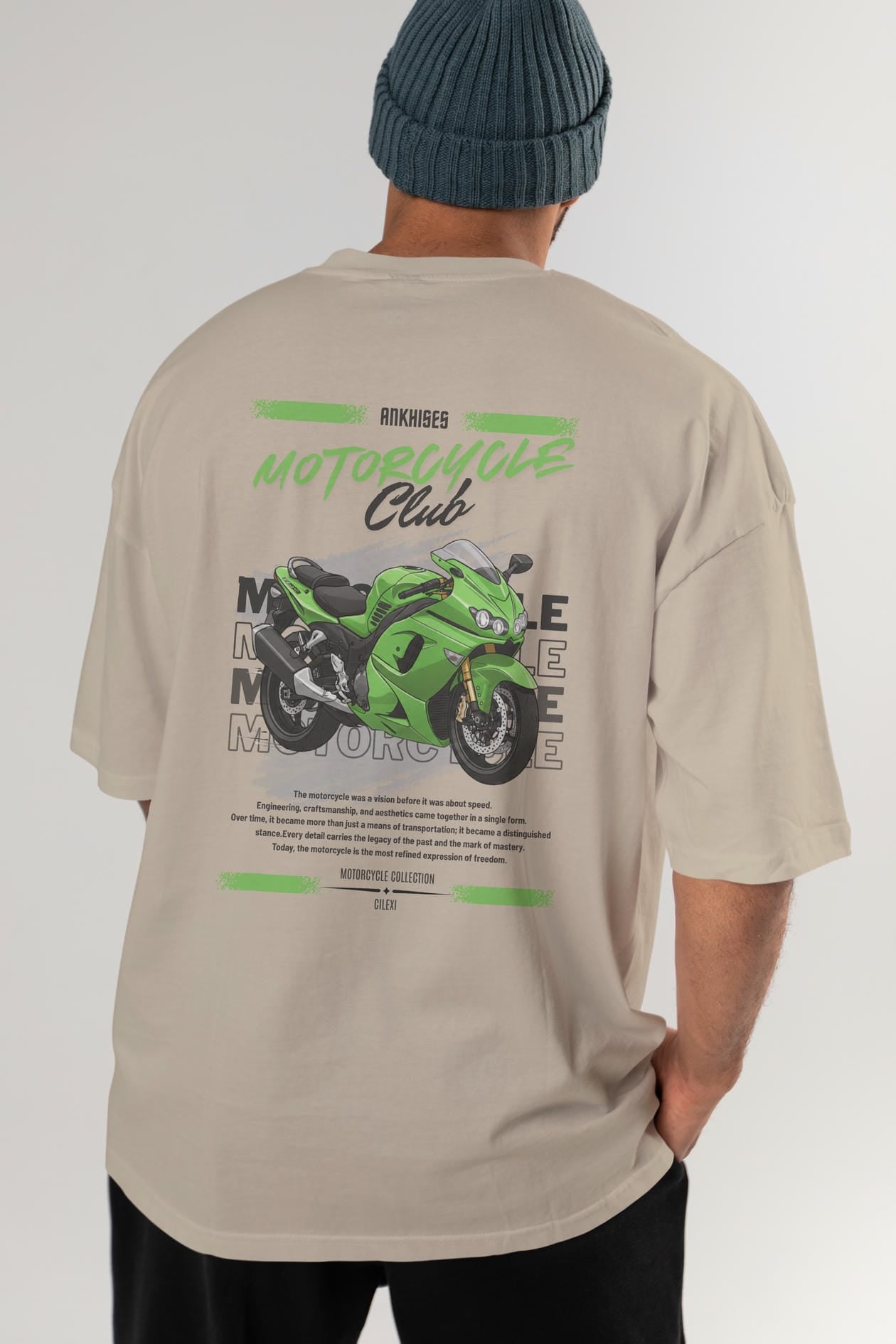 Motosiklet Serisi 12 Arka Baskılı Oversize t-shirt Erkek Kadın %100 Pamuk Bisiklet Yaka tişort
