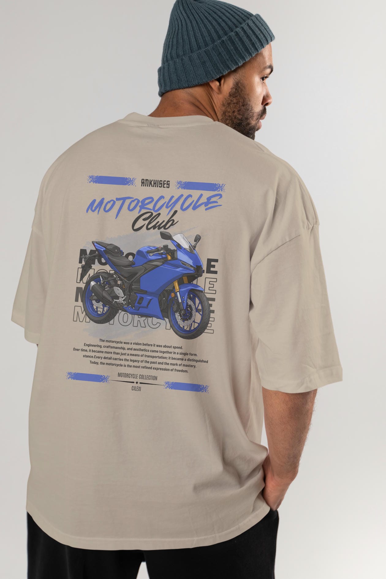 Motosiklet Serisi 33 Arka Baskılı Oversize t-shirt Erkek Kadın %100 Pamuk Bisiklet Yaka tişort