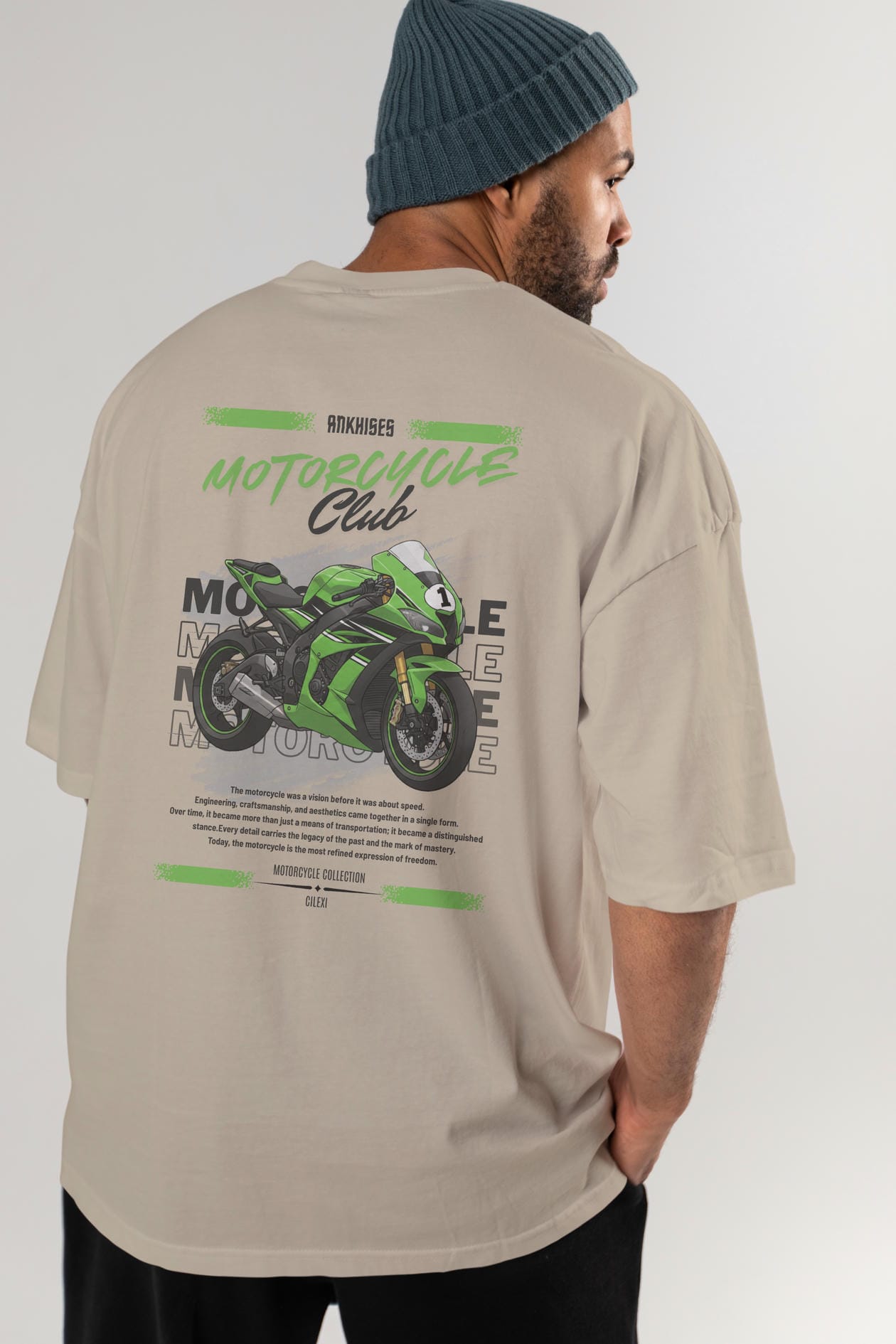 Motosiklet Serisi 6 Arka Baskılı Oversize t-shirt Erkek Kadın %100 Pamuk Bisiklet Yaka tişort