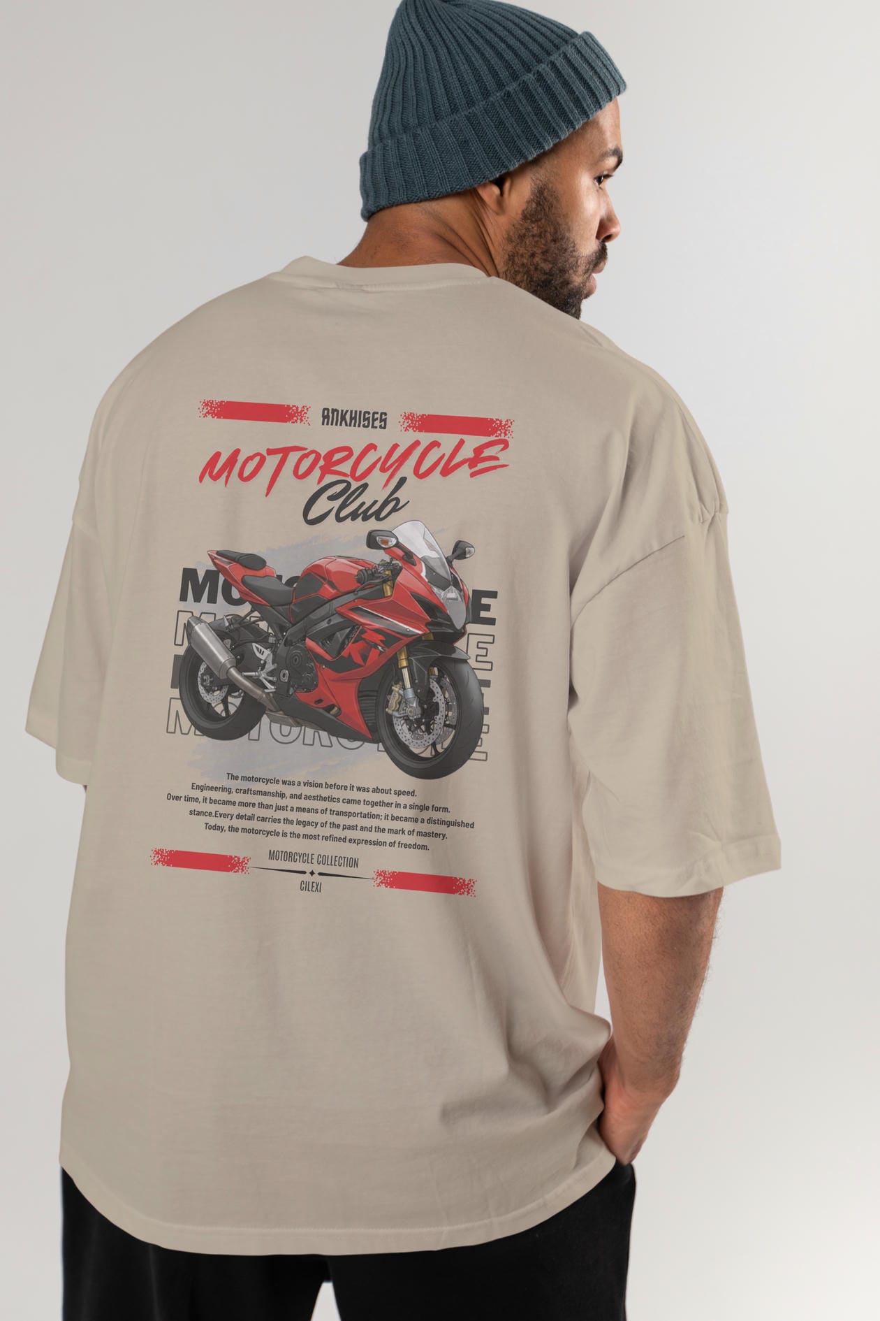 Motosiklet Serisi 5 Arka Baskılı Oversize t-shirt Erkek Kadın %100 Pamuk Bisiklet Yaka tişort