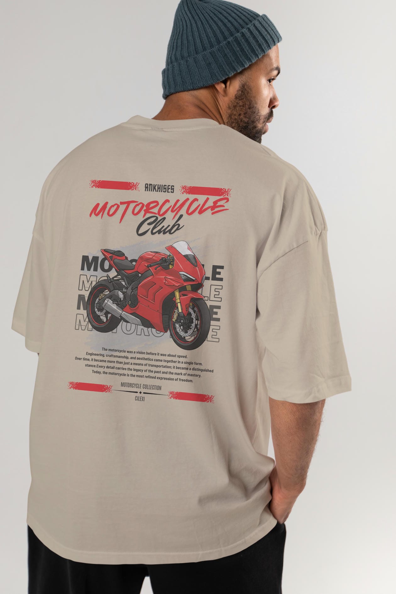 Motosiklet Serisi 7 Arka Baskılı Oversize t-shirt Erkek Kadın %100 Pamuk Bisiklet Yaka tişort