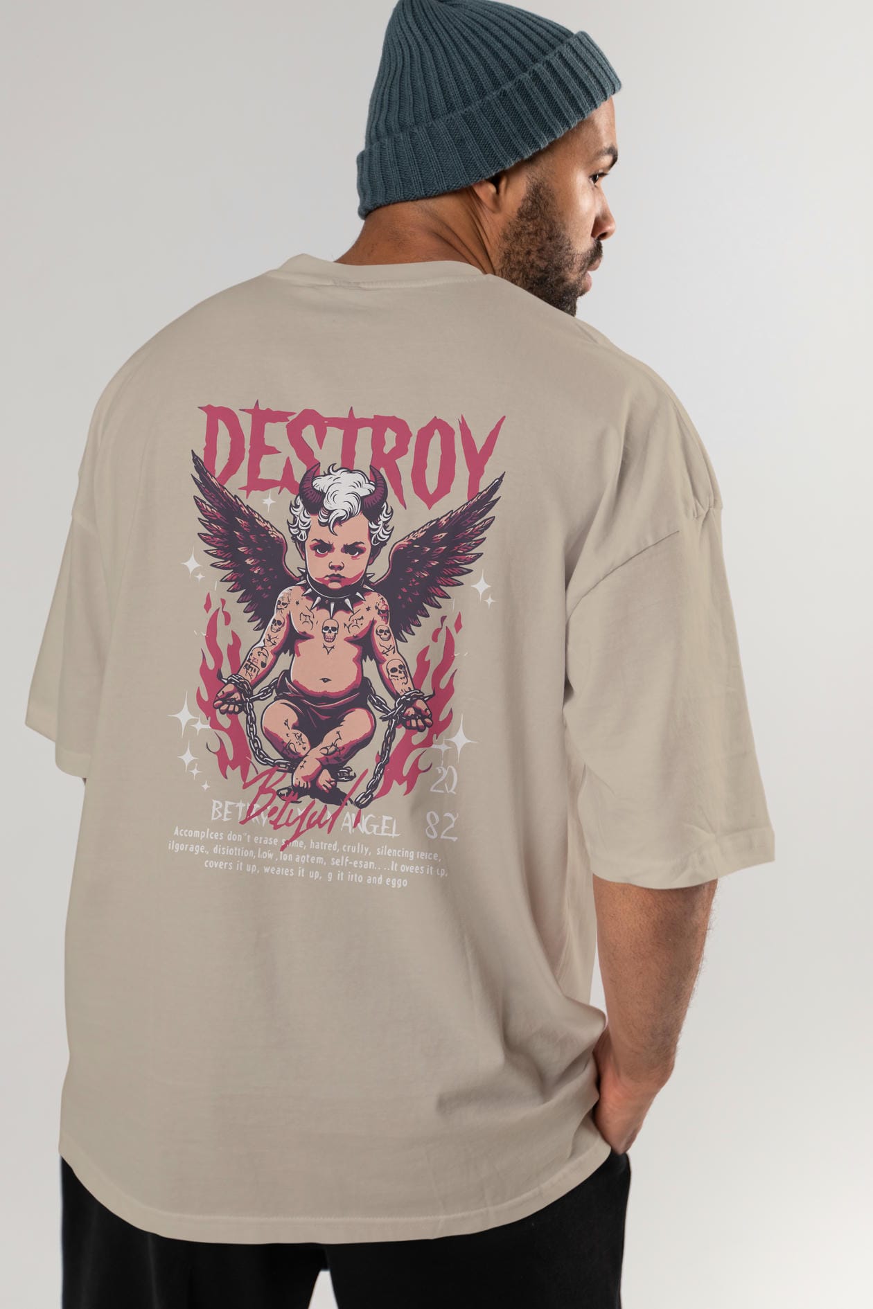 Destroy Arka Baskılı Oversize t-shirt Erkek Kadın %100 Pamuk Bisiklet Yaka tişort