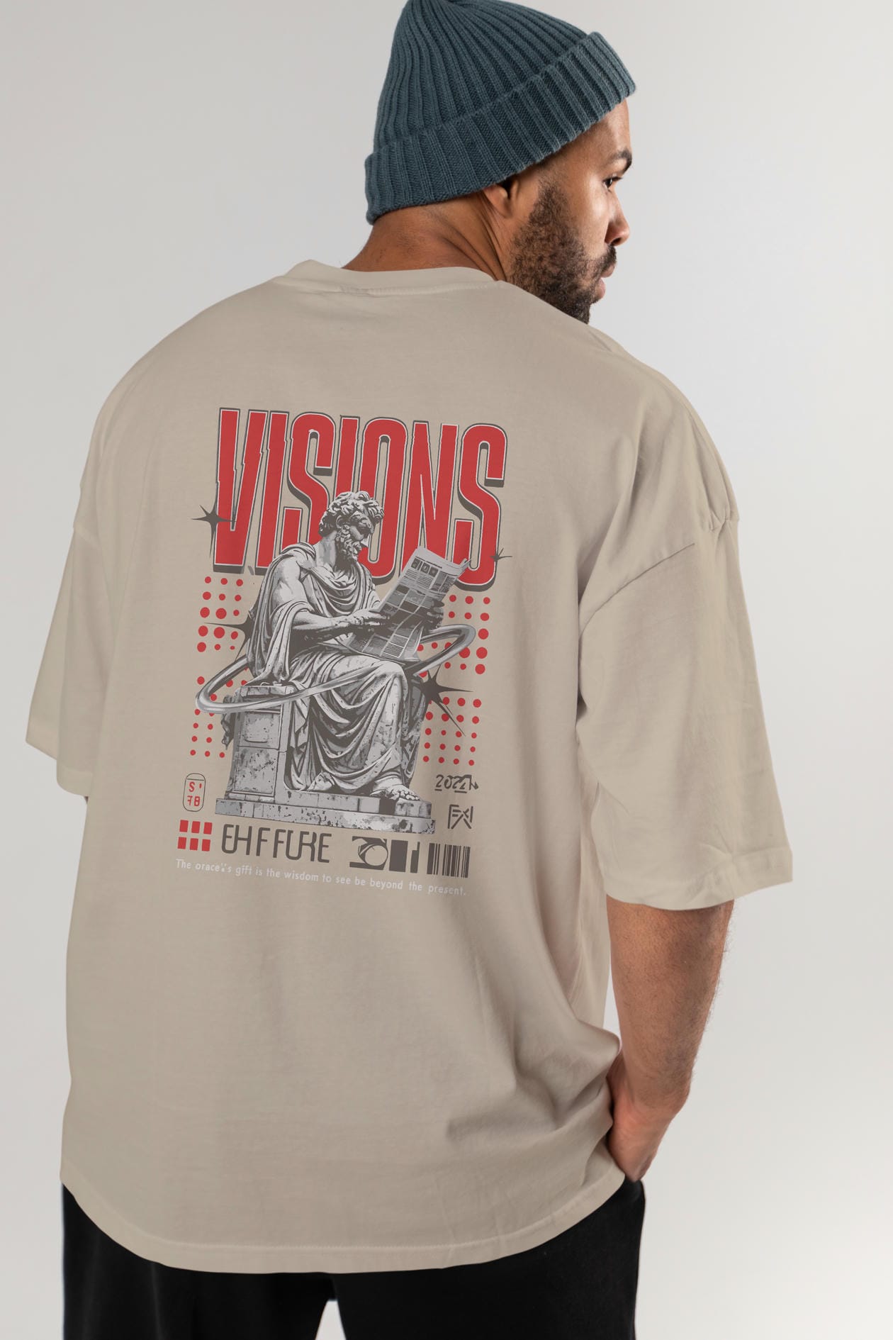 Visions Arka Baskılı Oversize t-shirt Erkek Kadın %100 Pamuk Bisiklet Yaka tişort