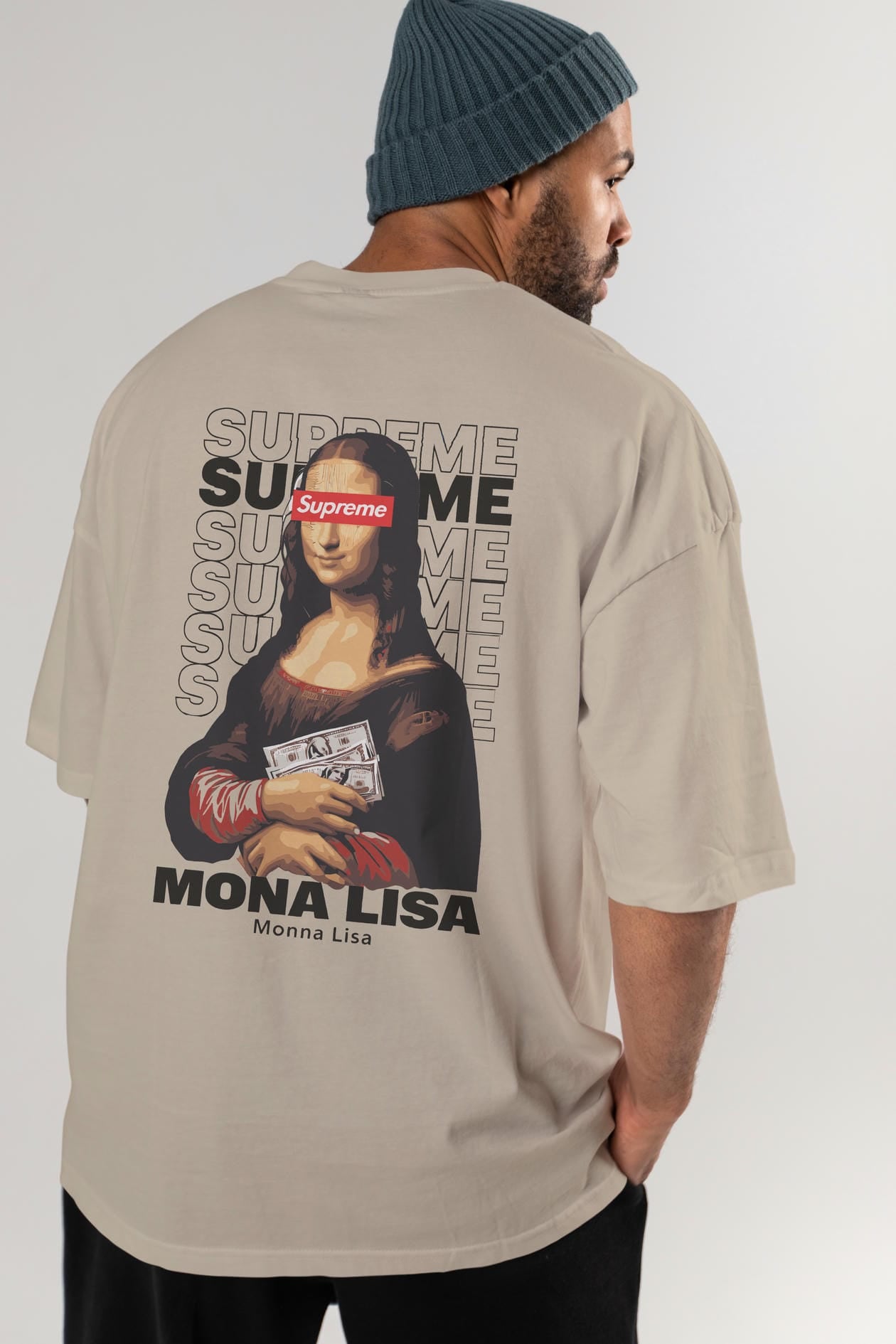 Mona Lisa Supreme Arka Baskılı Oversize t-shirt Erkek Kadın %100 Pamuk Bisiklet Yaka tişort