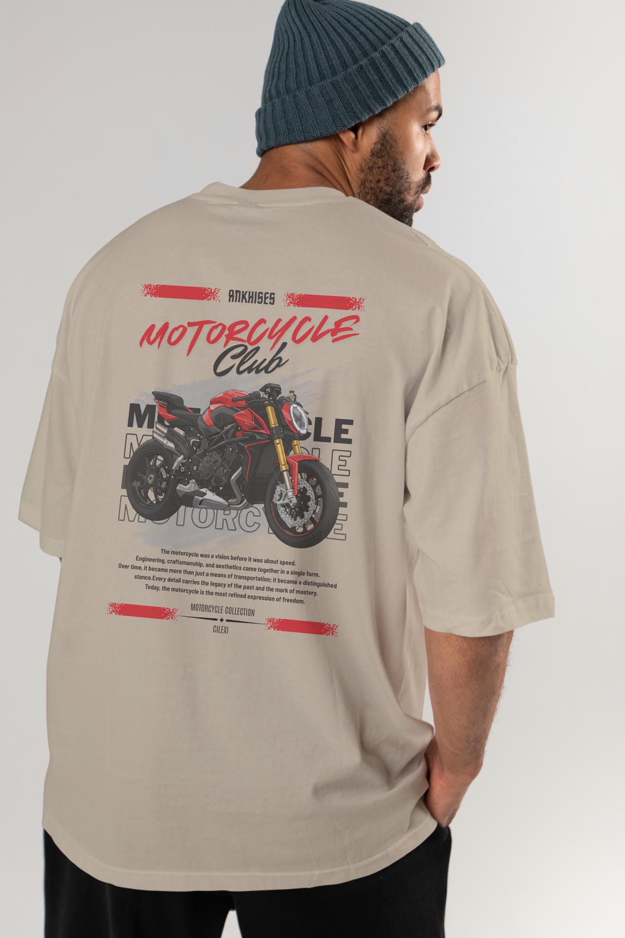 Motosiklet Serisi 26 Arka Baskılı Oversize t-shirt Erkek Kadın %100 Pamuk Bisiklet Yaka tişort