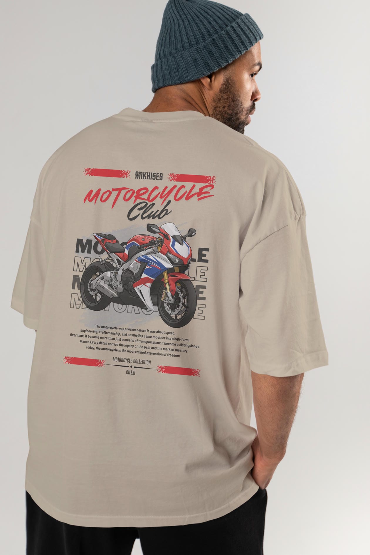 Motosiklet Serisi 4 Arka Baskılı Oversize t-shirt Erkek Kadın %100 Pamuk Bisiklet Yaka tişort