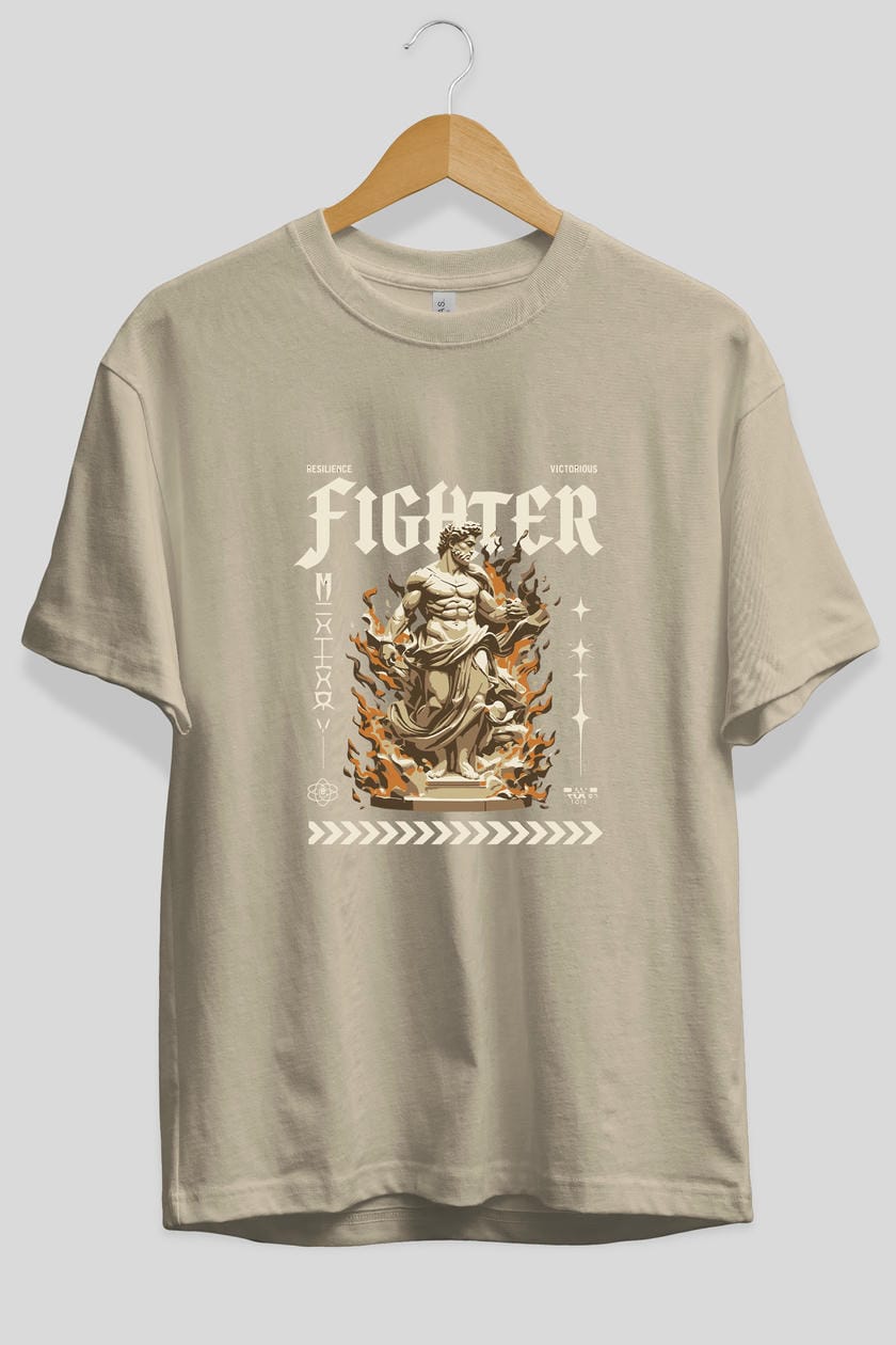 Fighter ön Baskılı Oversize t-shirt Erkek Kadın %100 Pamuk Bisiklet Yaka tişort
