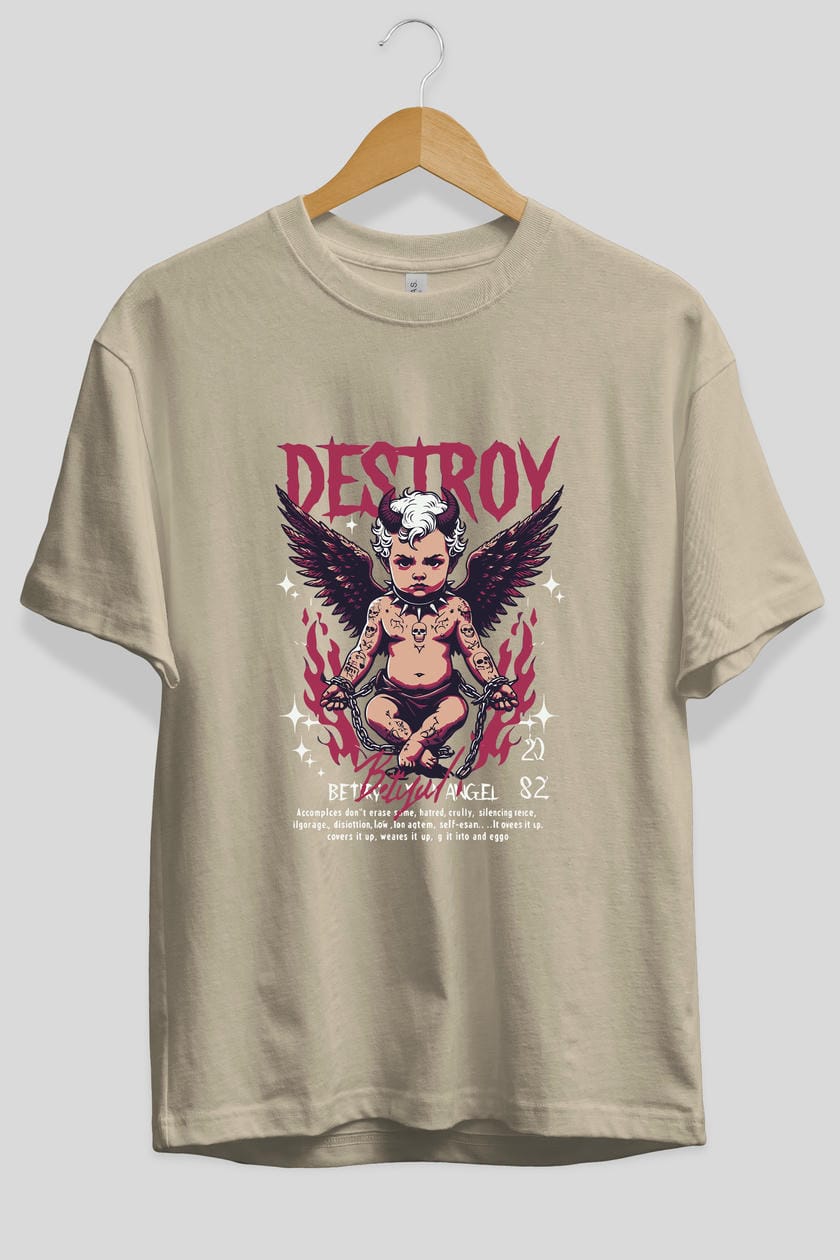 Destroy ön Baskılı Oversize t-shirt Erkek Kadın %100 Pamuk Bisiklet Yaka tişort