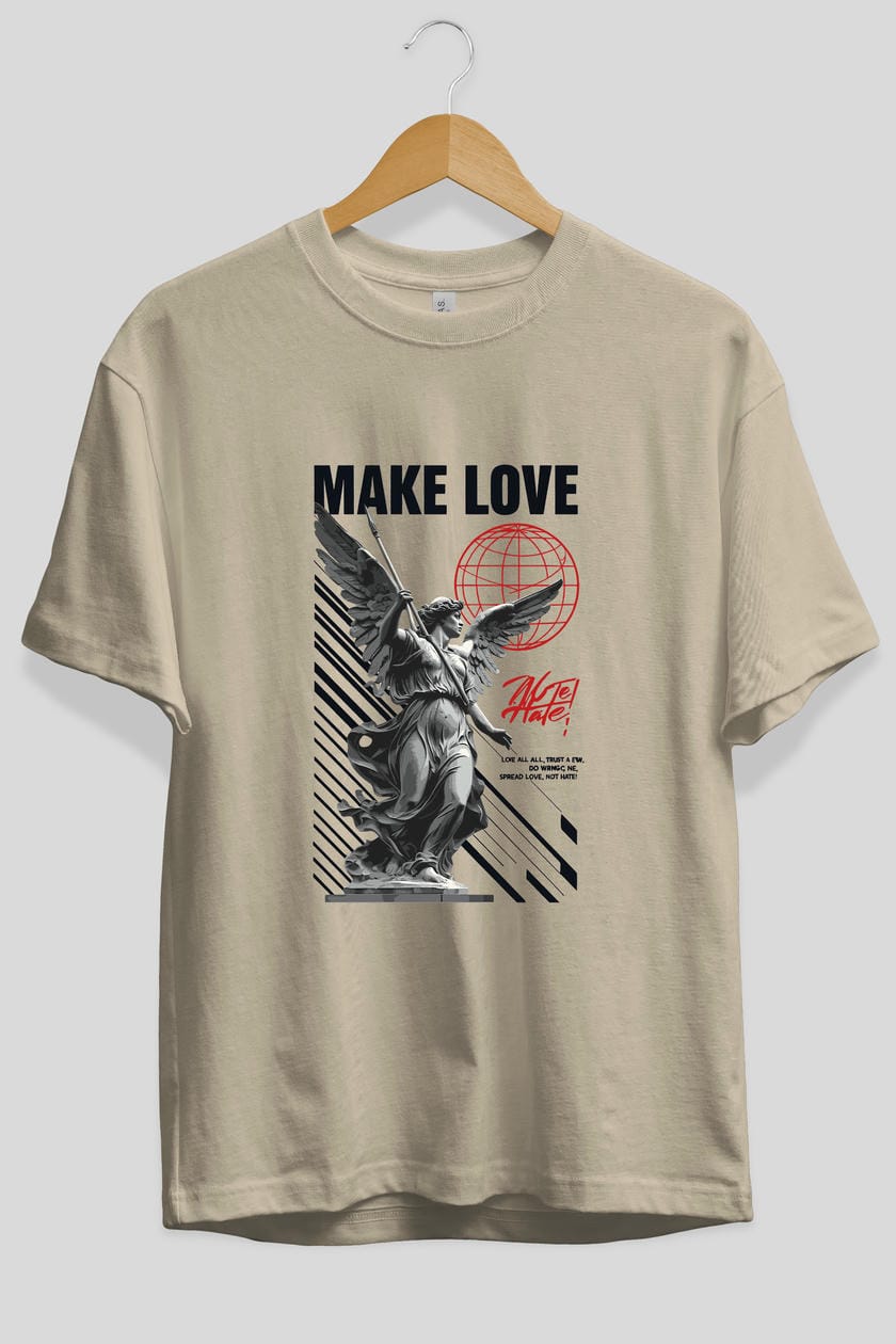 Make Love ön Baskılı Oversize t-shirt Erkek Kadın %100 Pamuk Bisiklet Yaka tişort
