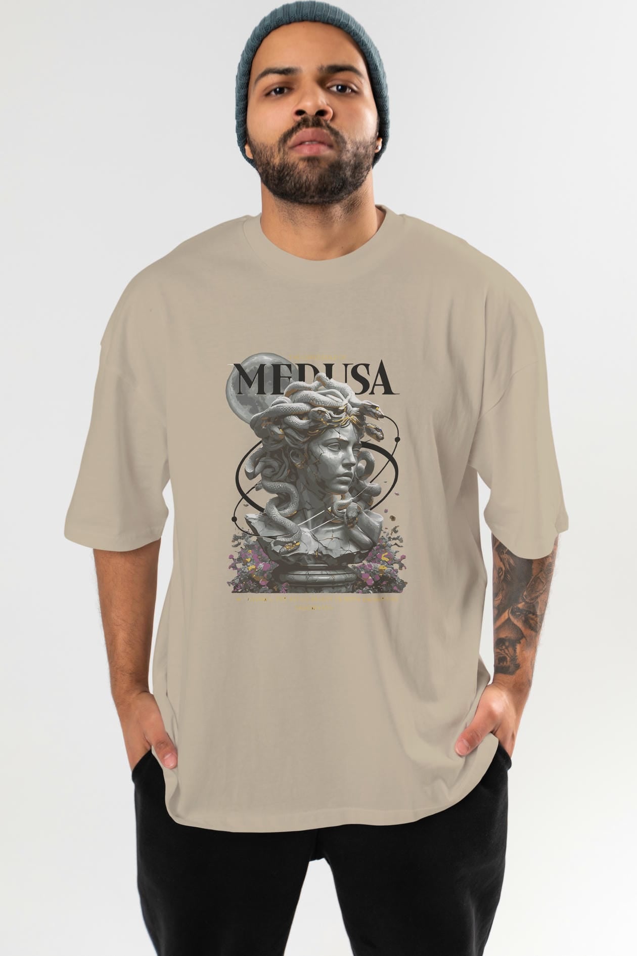 Medusa ön Baskılı Oversize t-shirt Erkek Kadın %100 Pamuk Bisiklet Yaka tişort