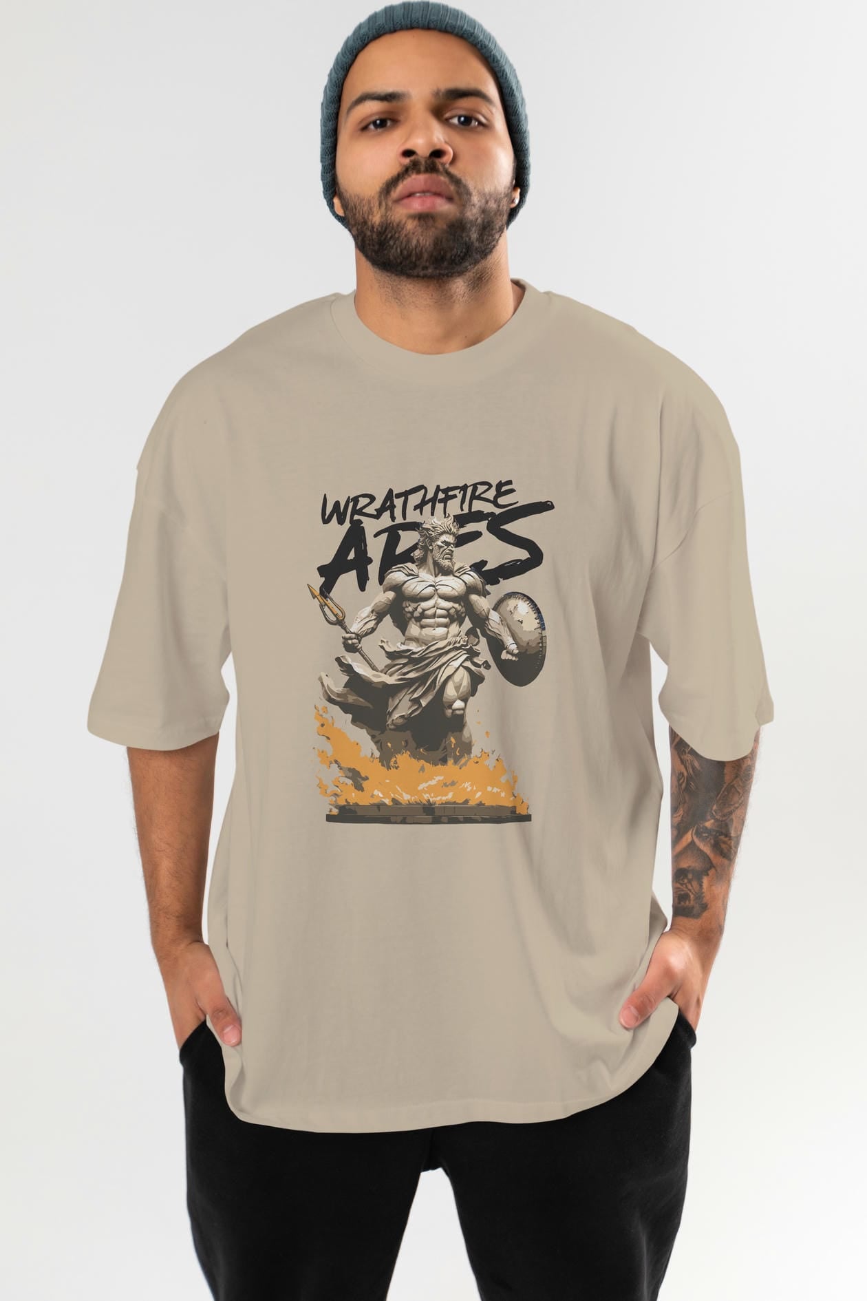 WrathFire Ares ön Baskılı Oversize t-shirt Erkek Kadın %100 Pamuk Bisiklet Yaka tişort